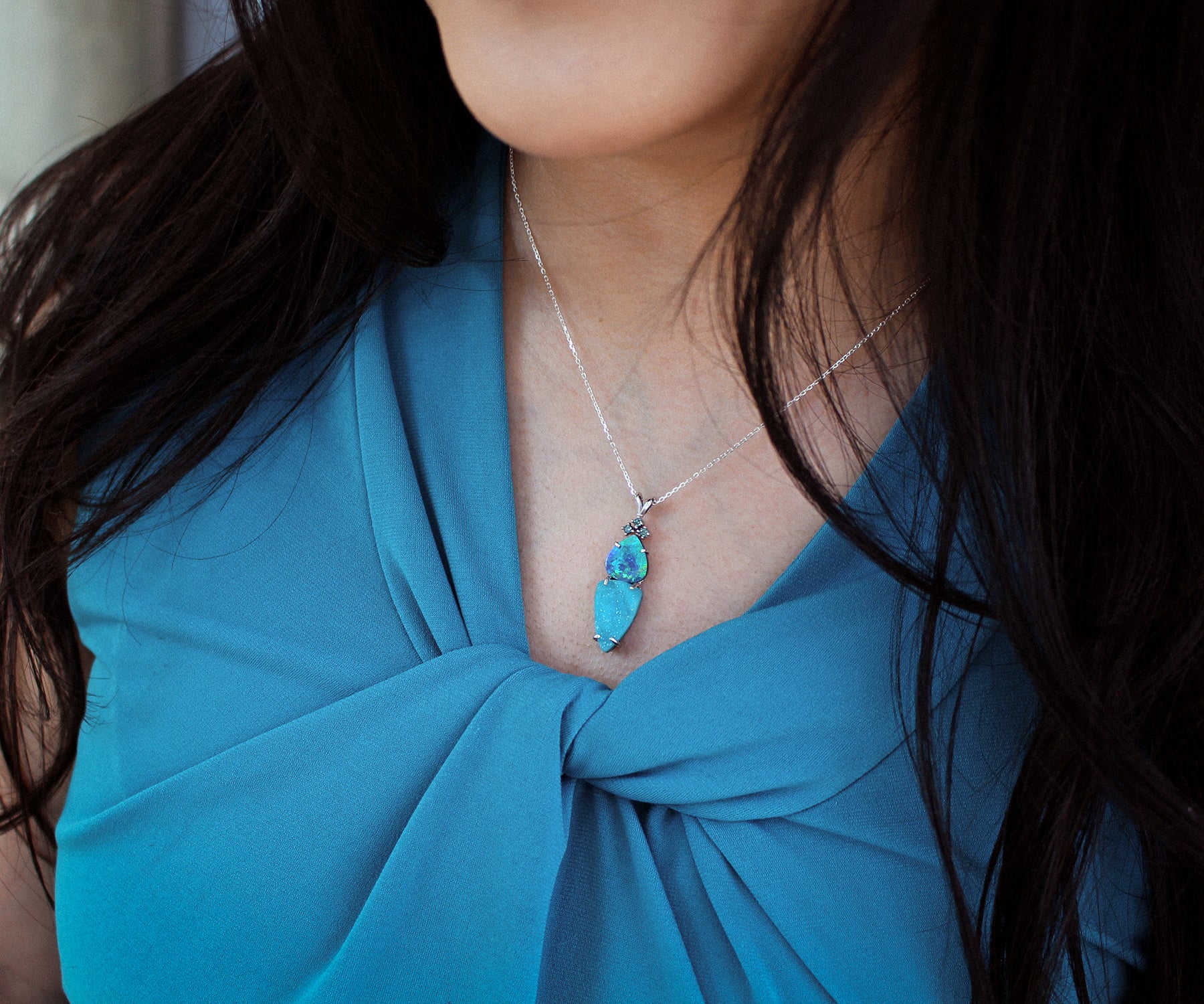 Double Drop Opal Teal Druzy Necklace