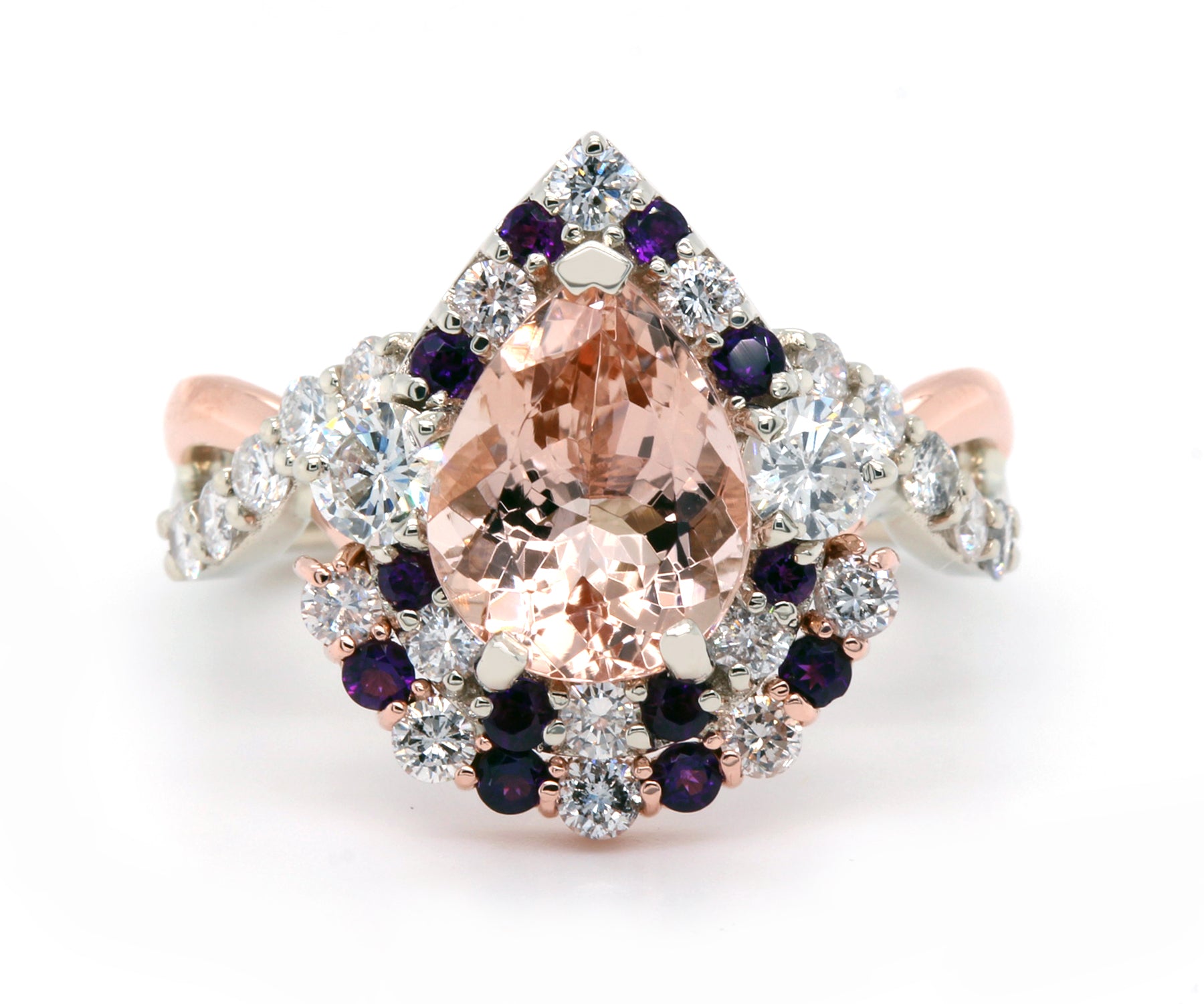 Double Pear Halo Morganite Amethyst Diamond Twist Ring