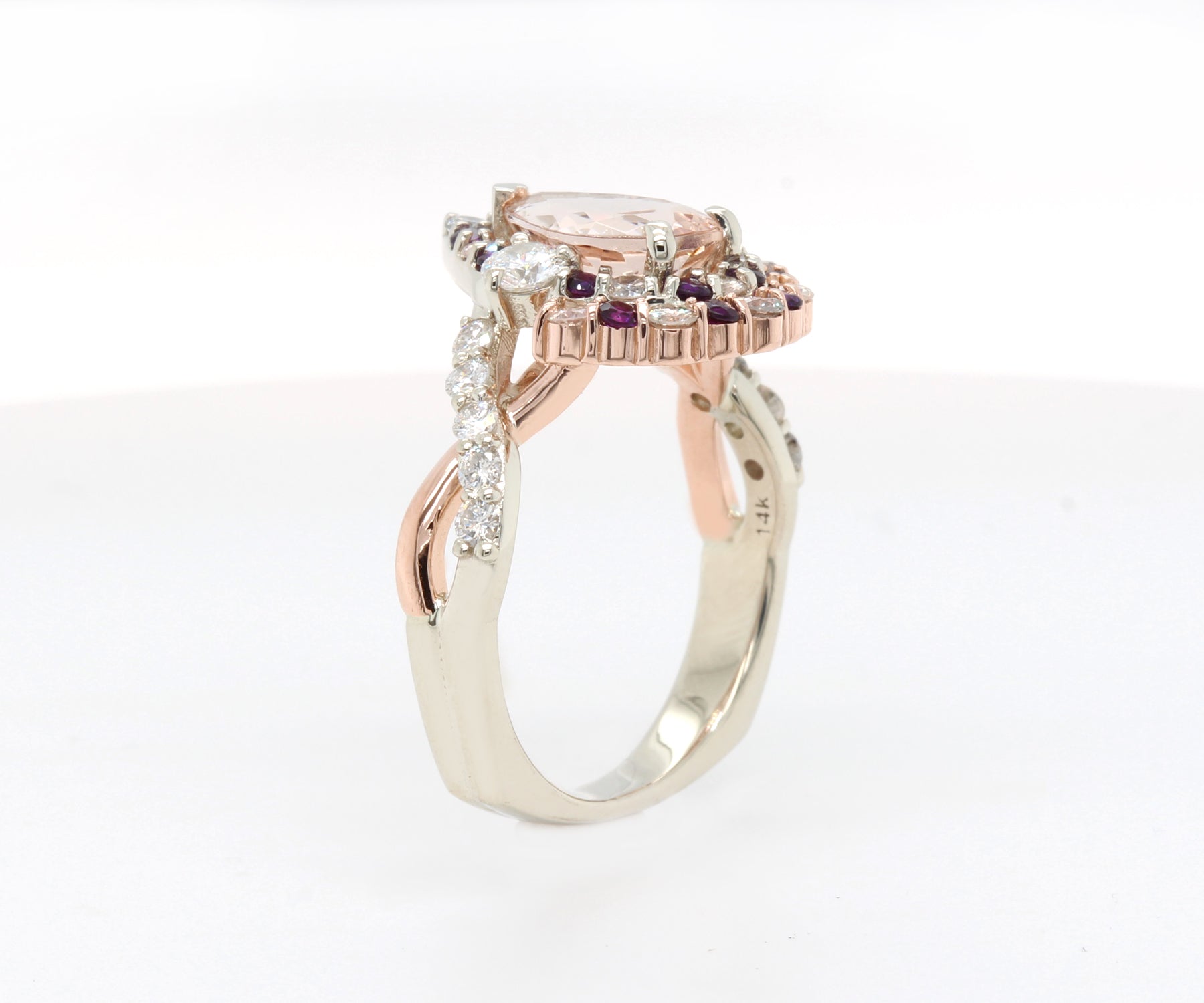 Double Pear Halo Morganite Amethyst Diamond Twist Ring