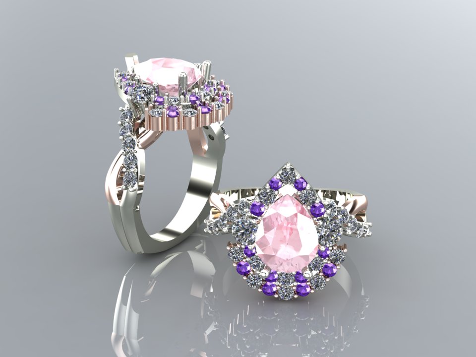 Double Pear Halo Morganite Amethyst Diamond Twist Ring