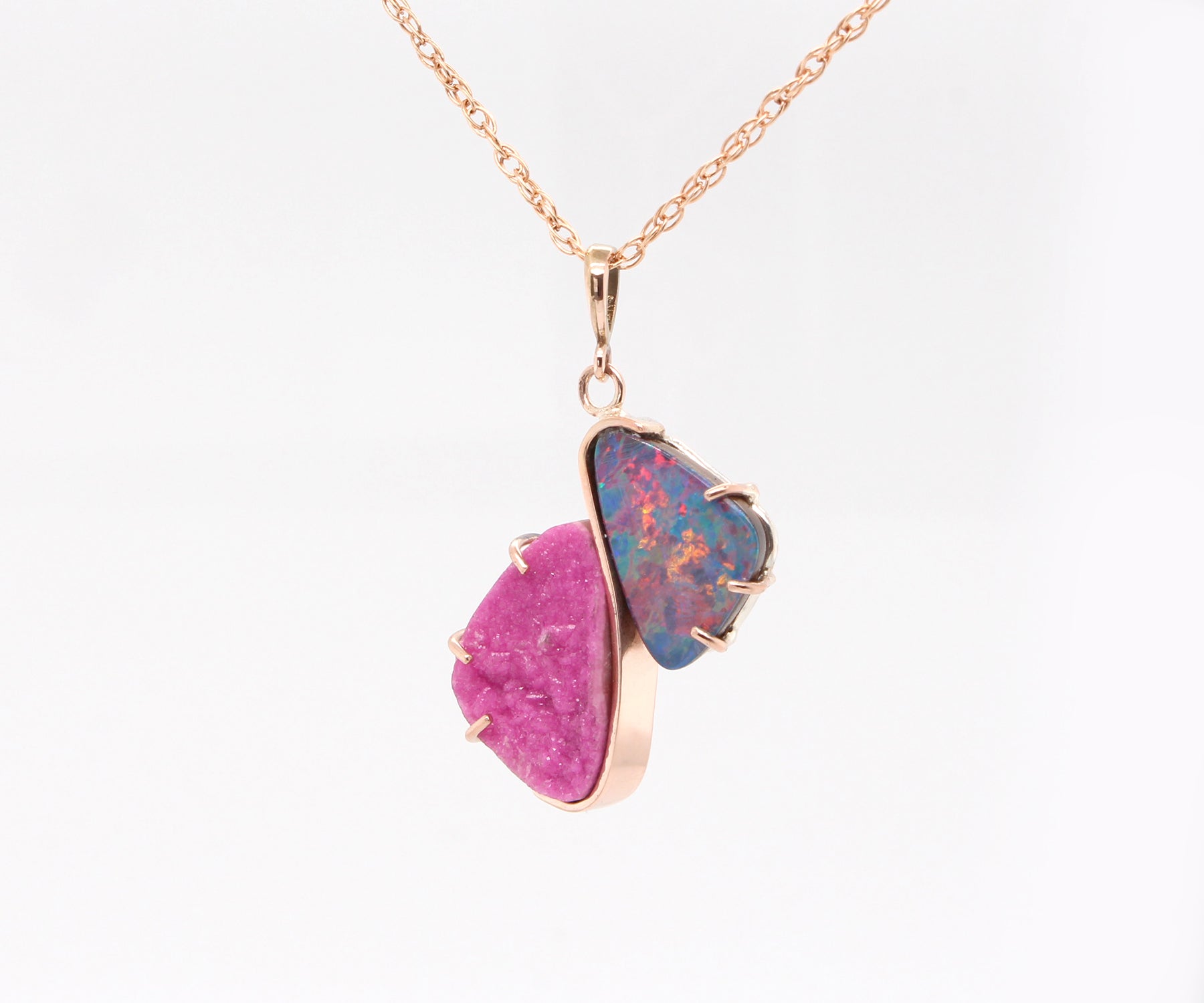 Double Drop Opal Pink Druzy Rose Gold Necklace