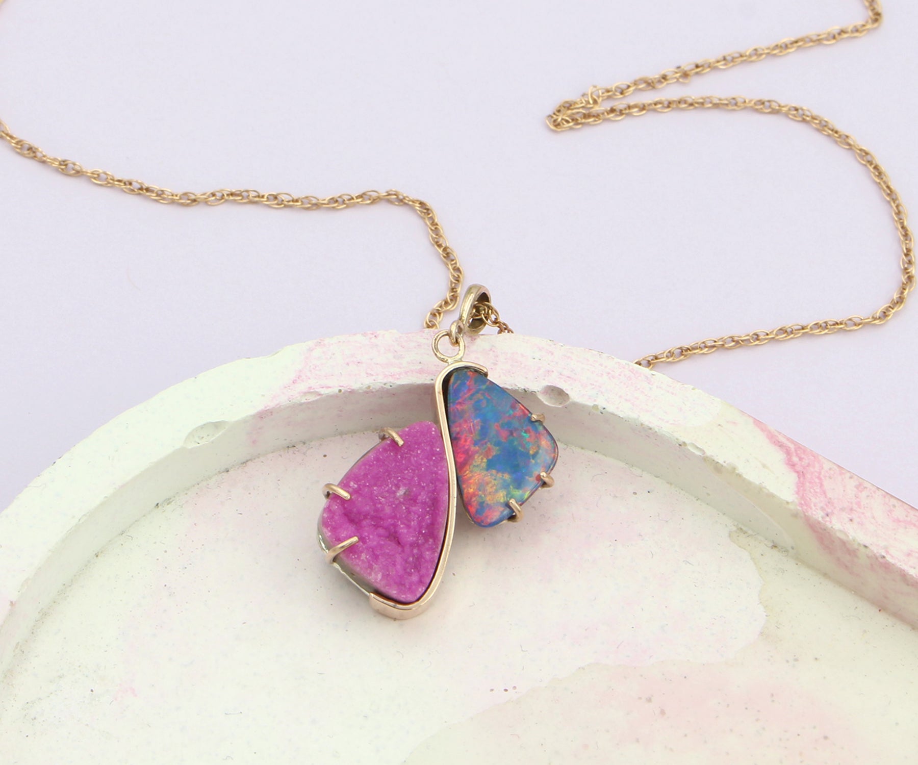 Double Drop Opal Pink Druzy Rose Gold Necklace