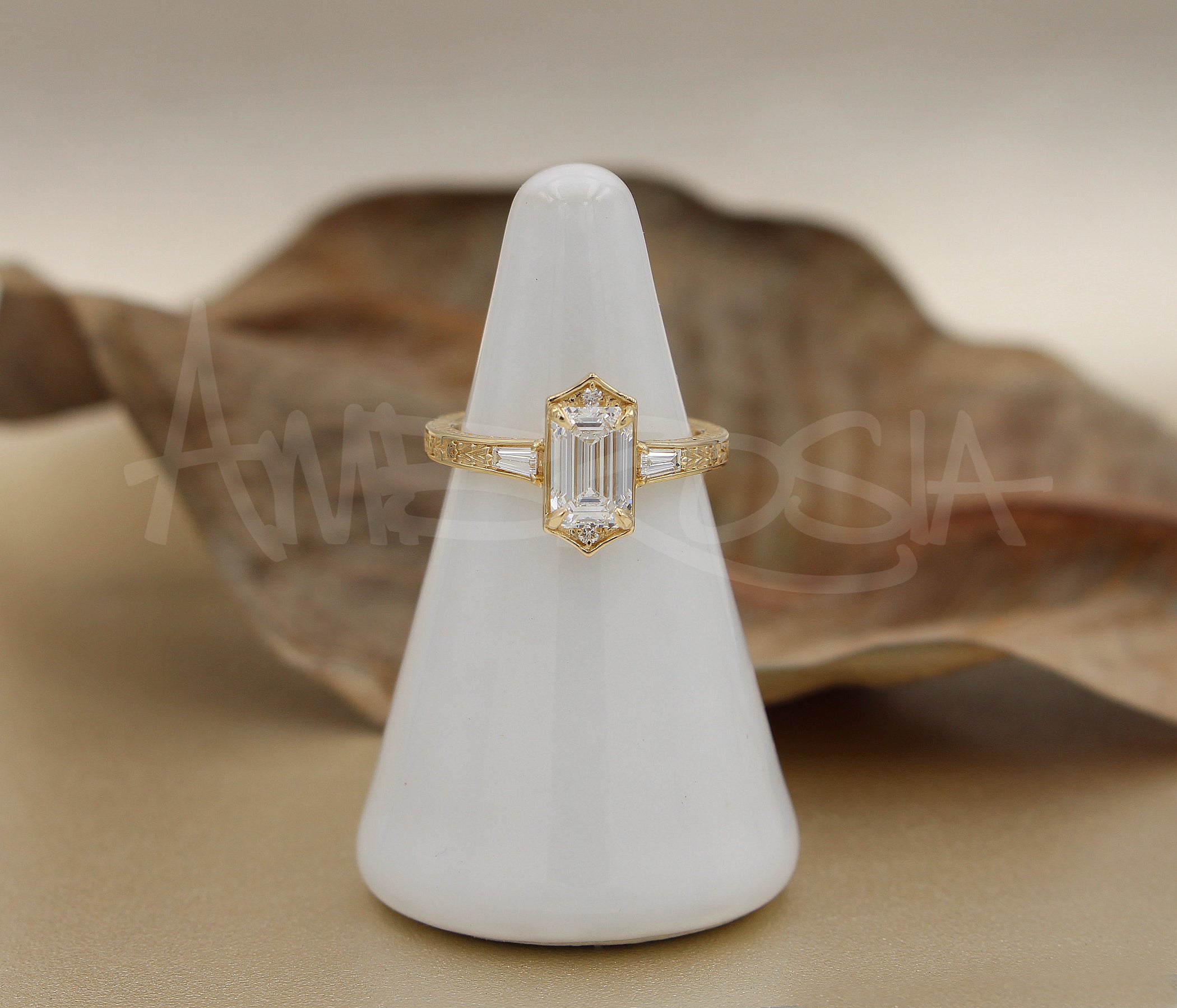 Emerald Diamond Vintage Engraved Engagement Ring