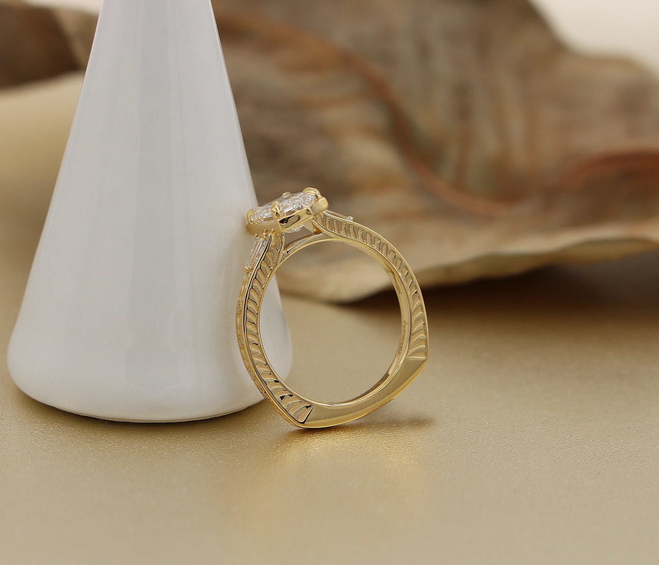 Emerald Diamond Vintage Engraved Engagement Ring