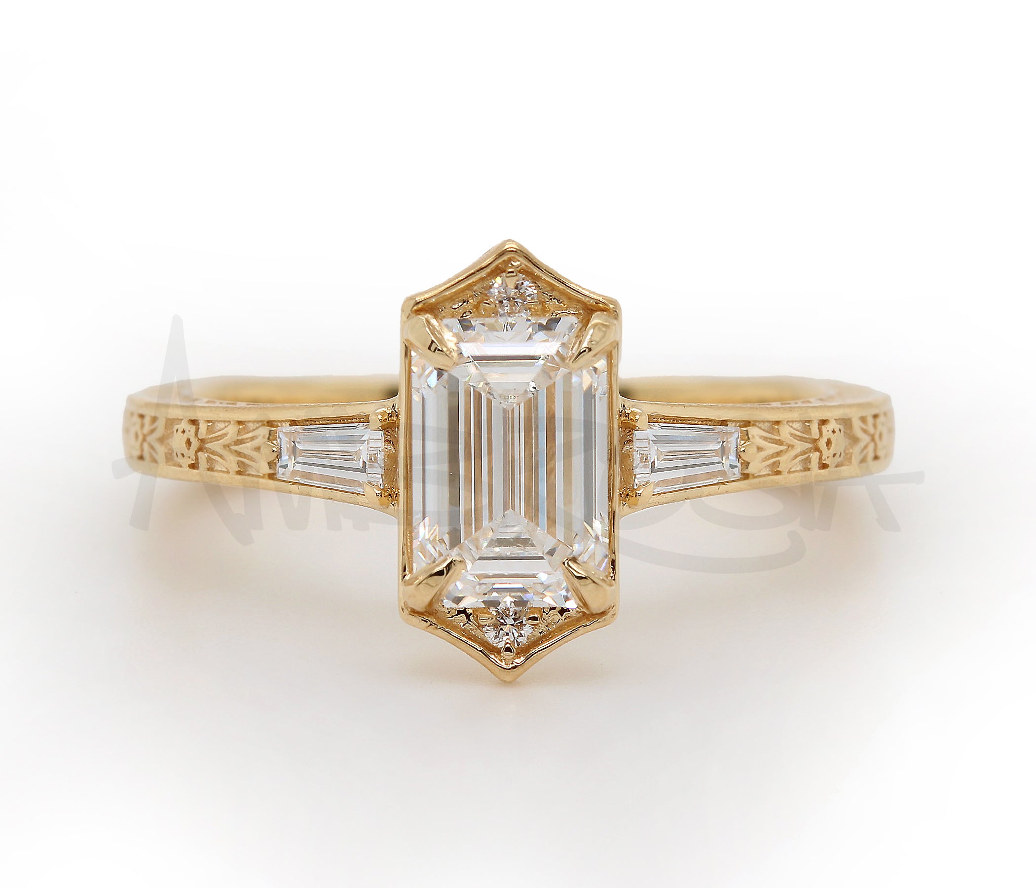 Emerald Diamond Vintage Engraved Engagement Ring