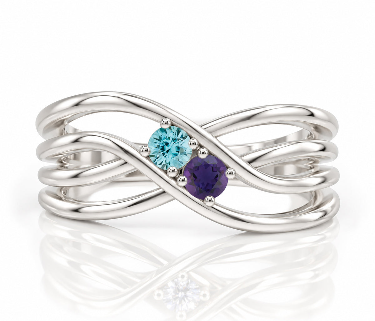 Double Criss Cross Wave Birthstone Silver Ring