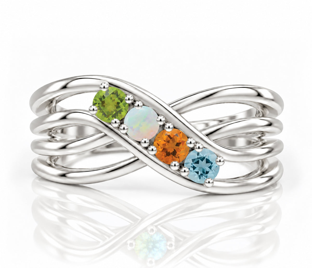 Double Criss Cross Wave Birthstone Silver Ring