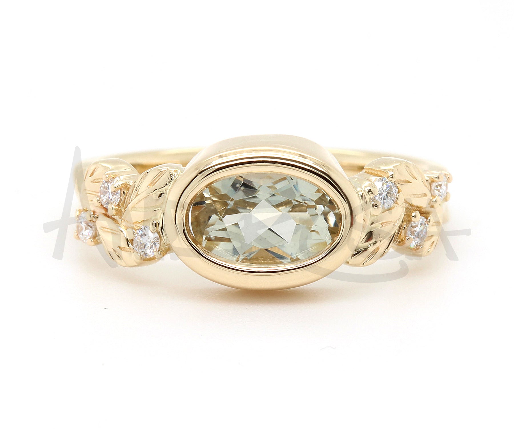 Floral Oval Green Amethyst Diamond Gold Ring