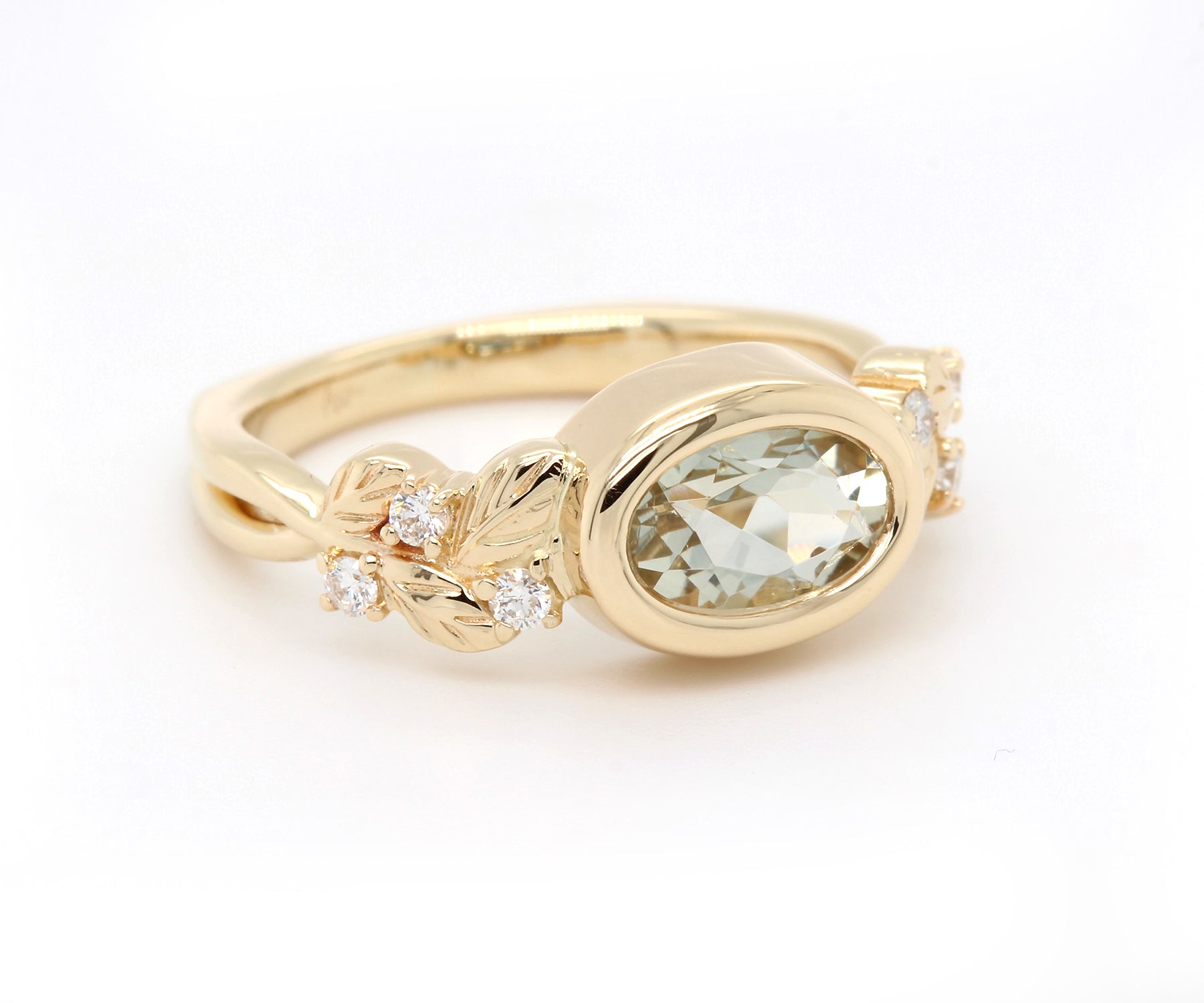 Floral Oval Green Amethyst Diamond Gold Ring