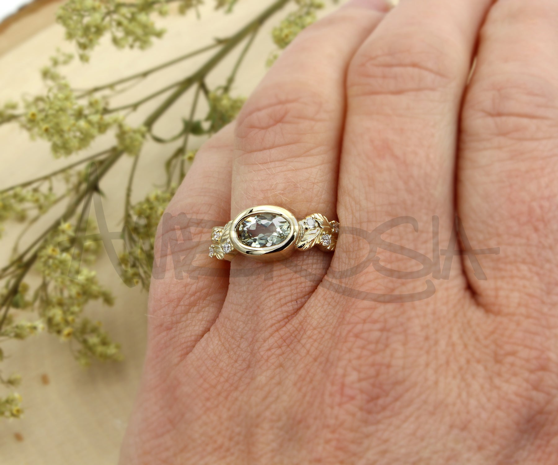 Floral Oval Green Amethyst Diamond Gold Ring