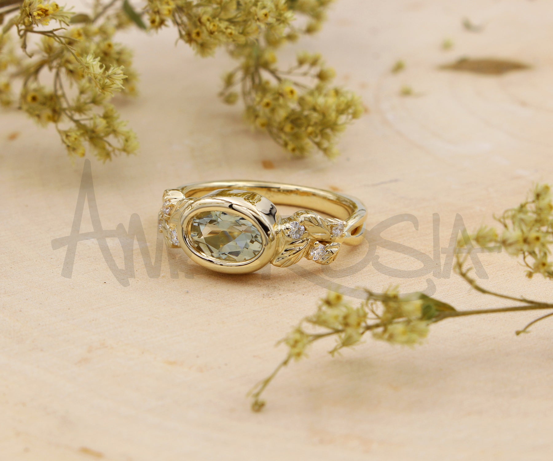Floral Oval Green Amethyst Diamond Gold Ring
