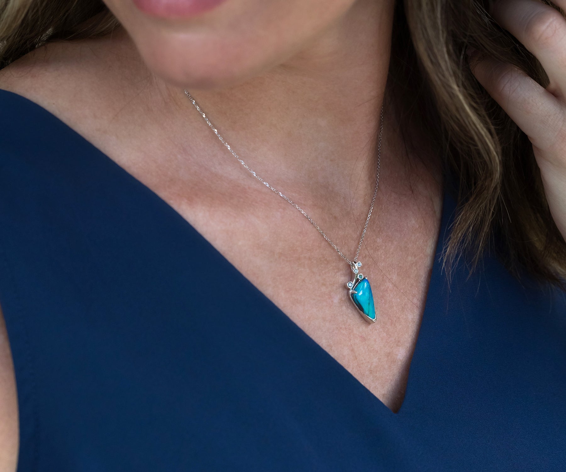 Freeform Teal Blue Diamond Opal Necklace