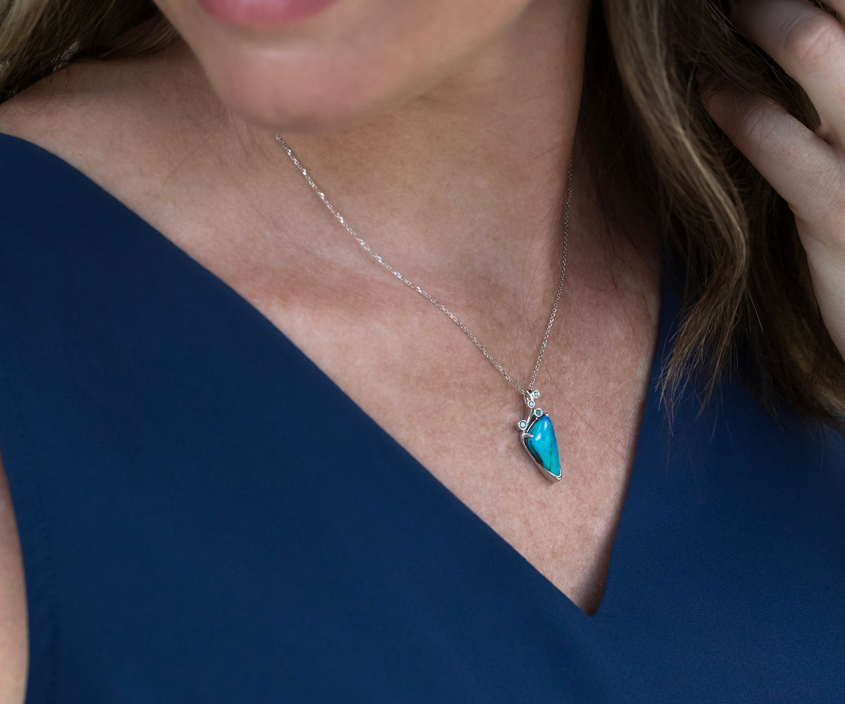 Freeform Teal Blue Diamond Opal Necklace