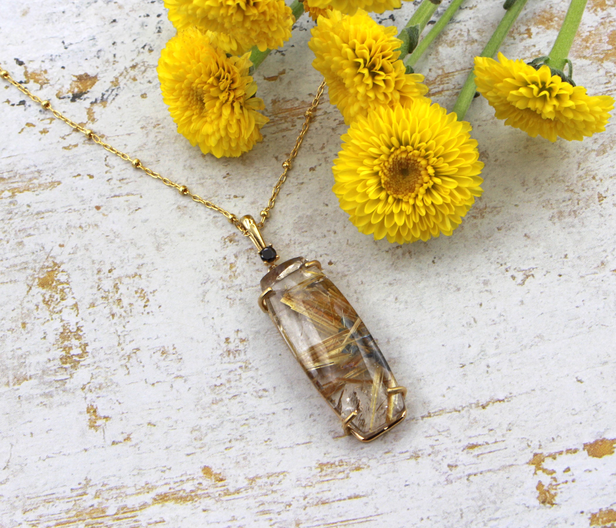 Golden Rutilated Quartz Rectangular Gold Necklace