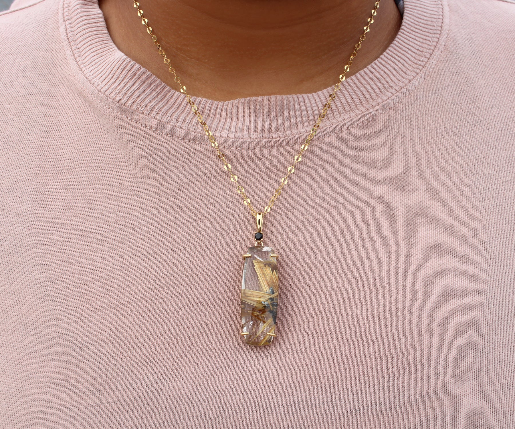 Golden Rutilated Quartz Rectangular Gold Necklace