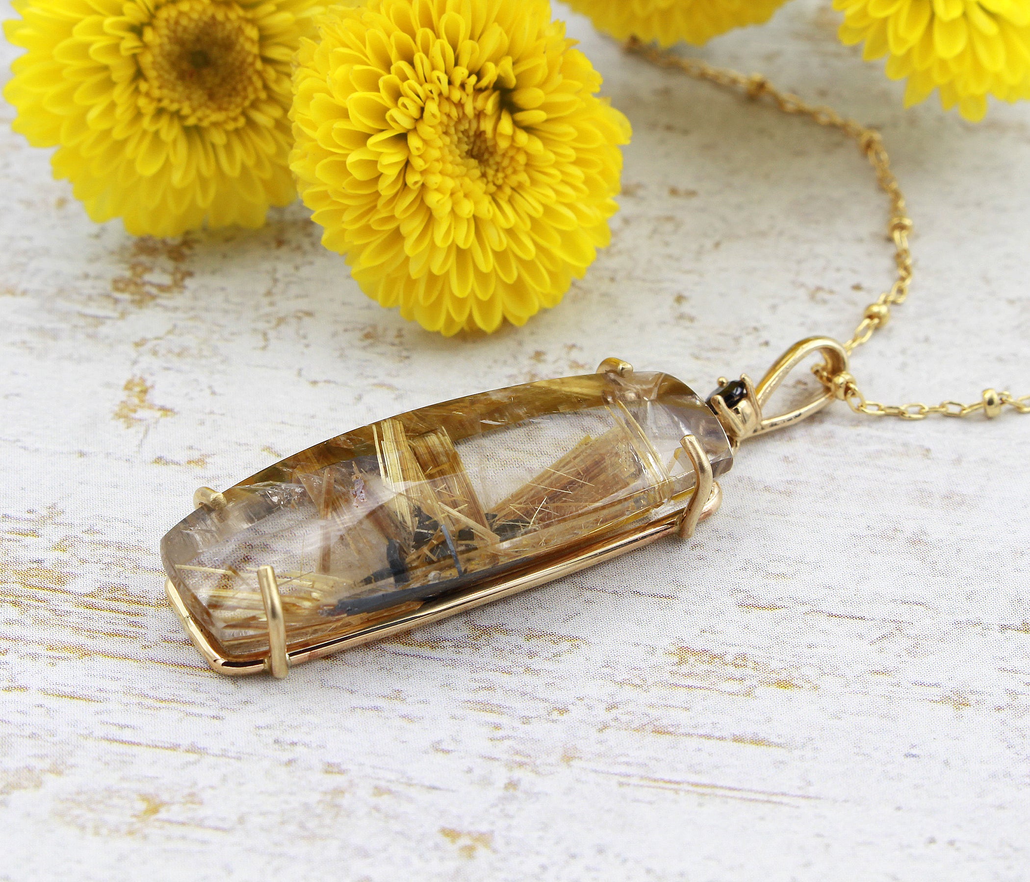 Golden Rutilated Quartz Rectangular Gold Necklace