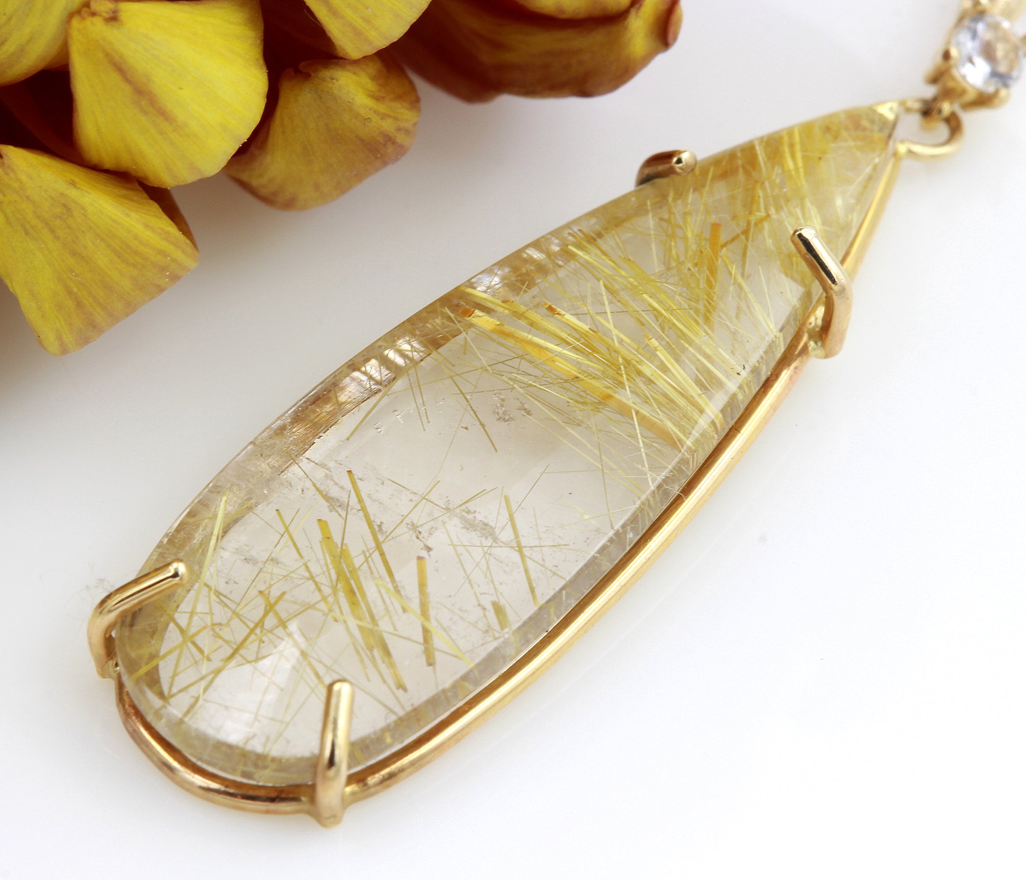 Golden Rutilated Quartz Long Teardrop Necklace