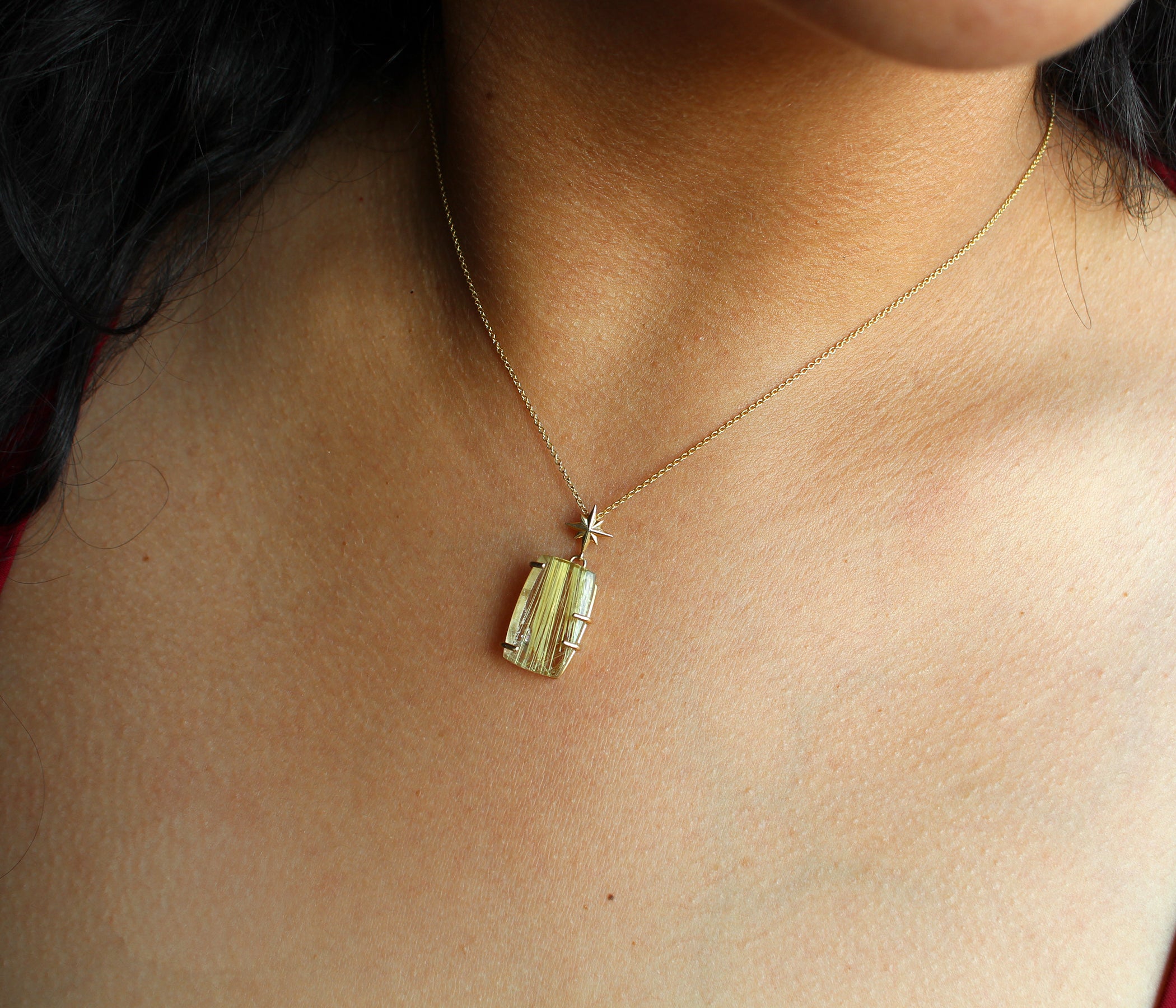 Golden Rutilated Quartz Small Rectangular Gold Necklace