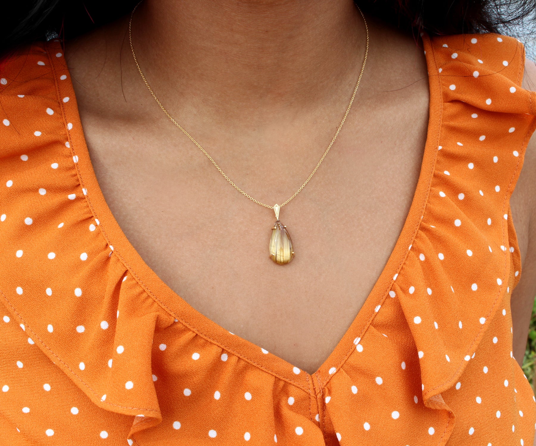 Golden Rutilated Quartz Small Teardrop Gold Necklace