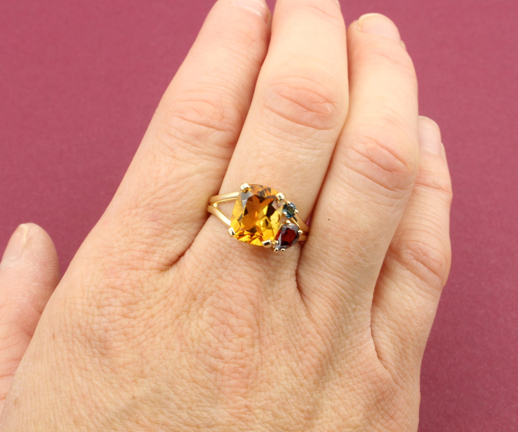Offset Golden Citrine Garnet Topaz Ring