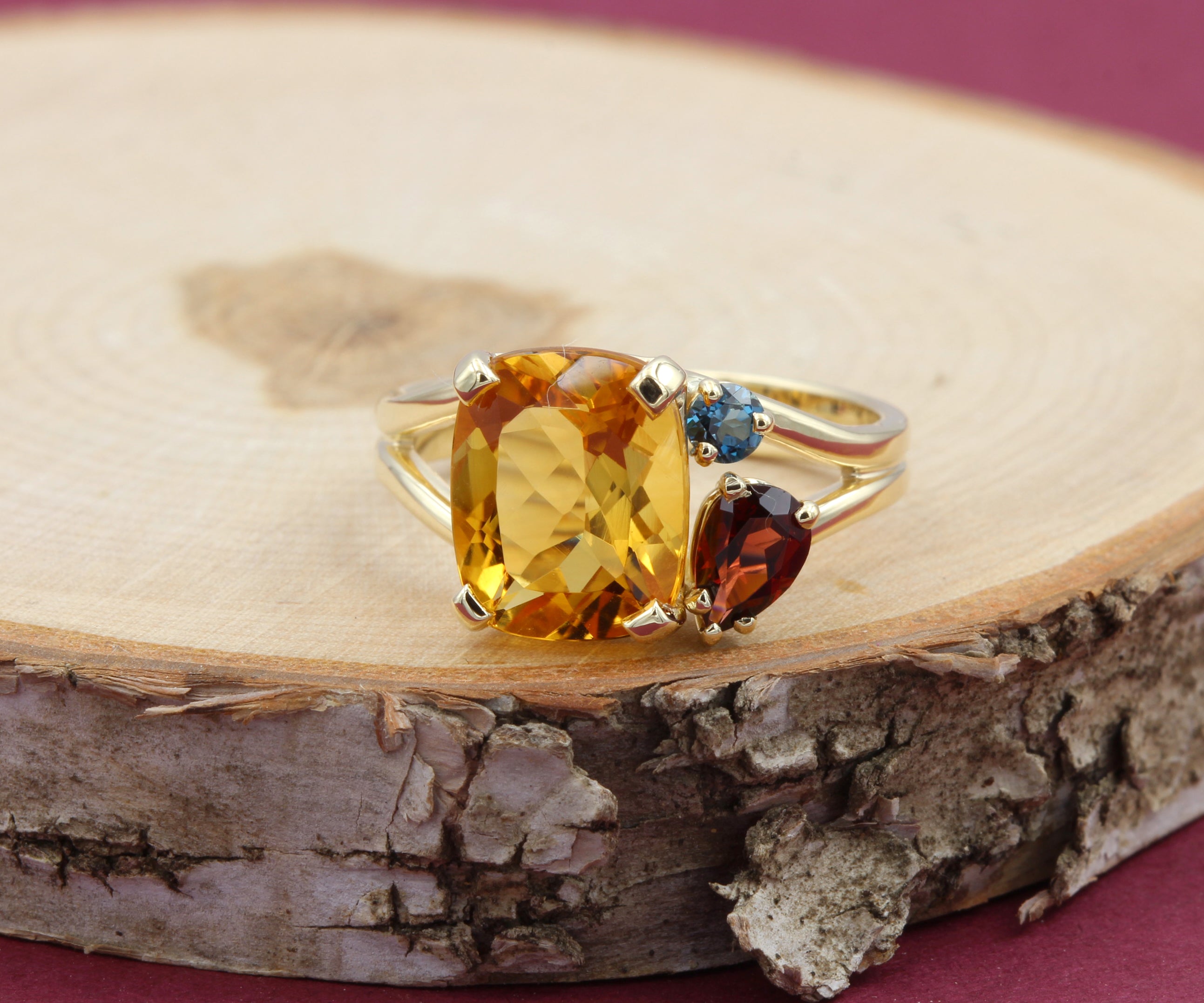 Offset Golden Citrine Garnet Topaz Ring
