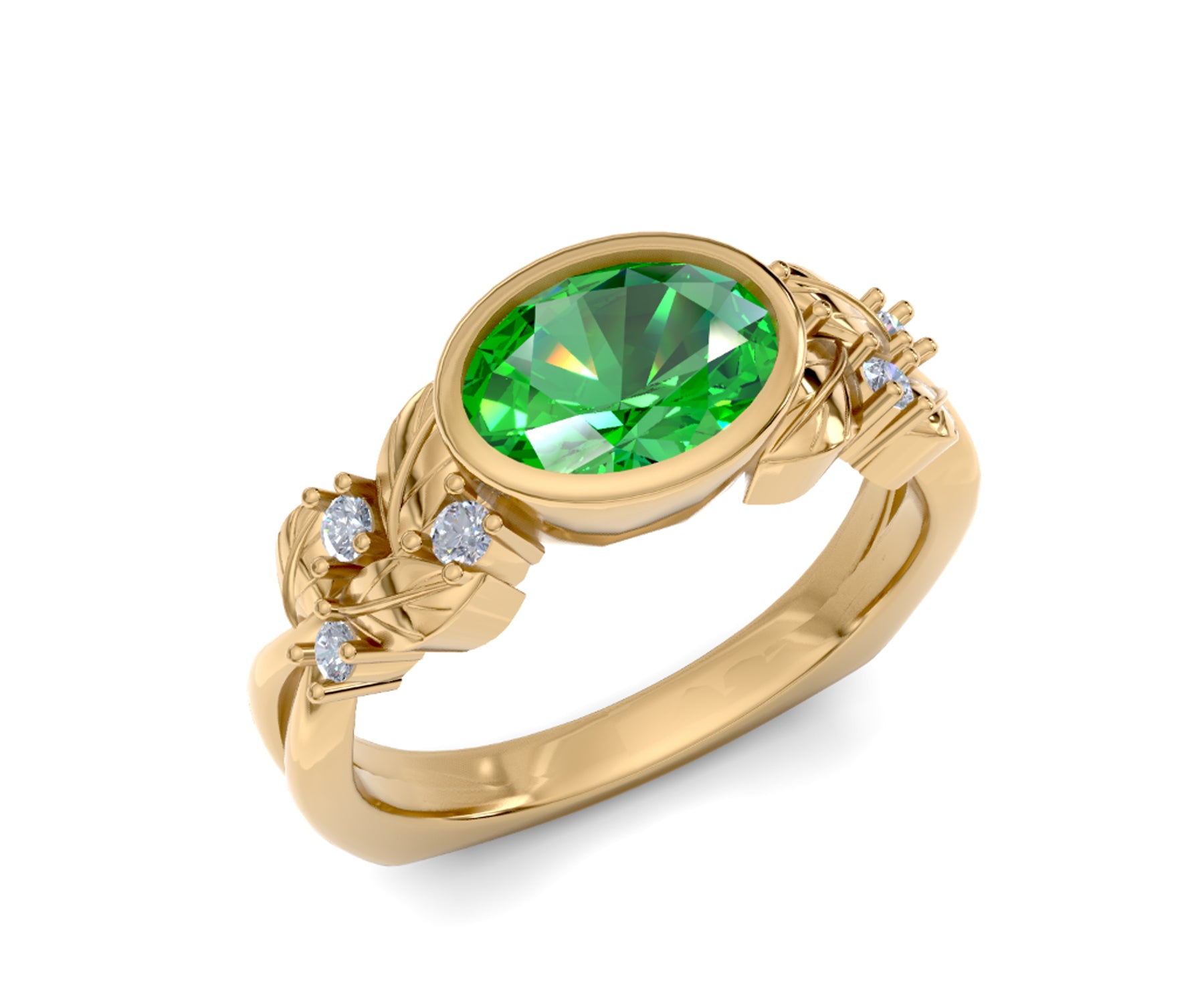 Floral Oval Green Amethyst Diamond Gold Ring
