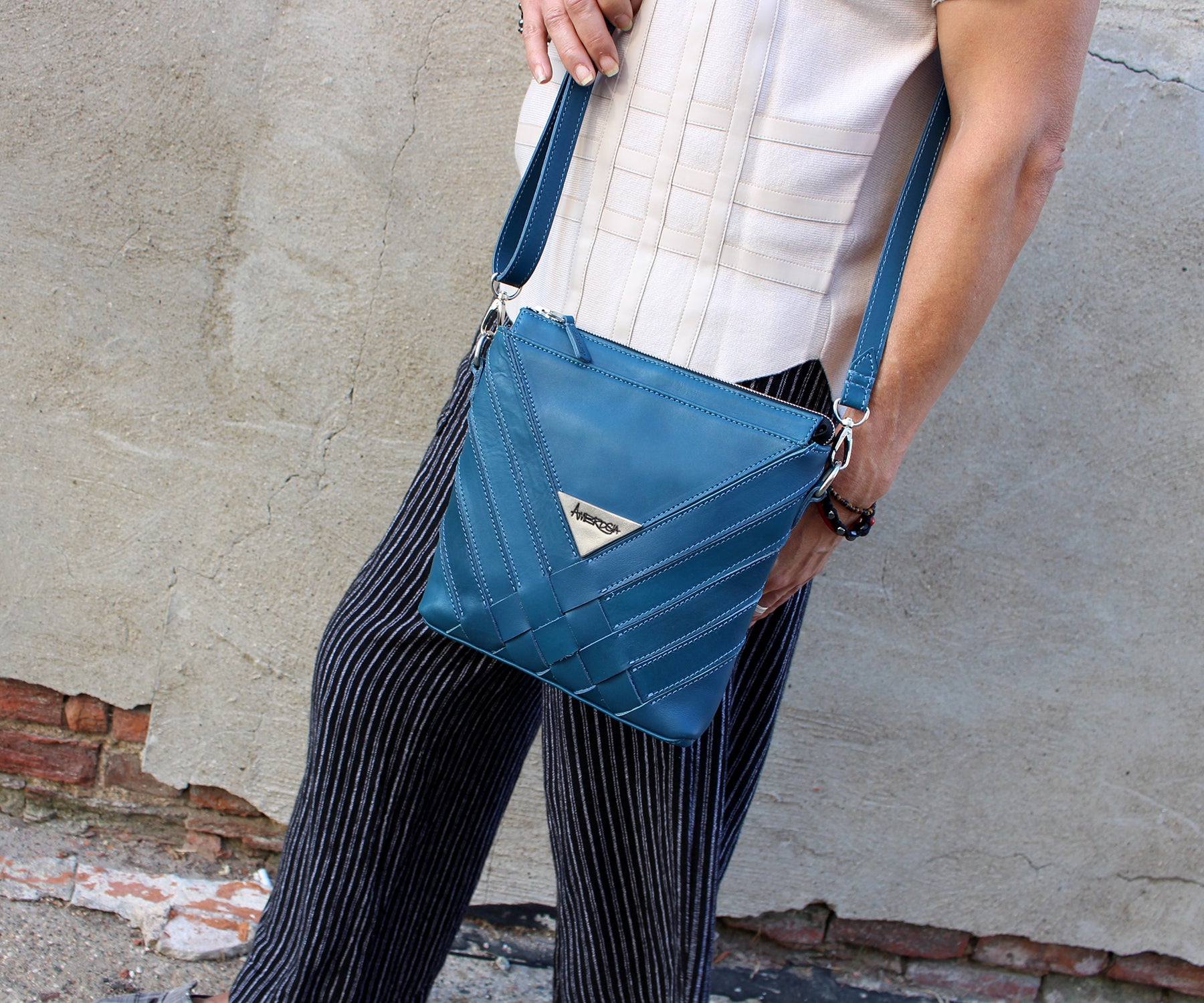 Criss-Cross Genuine Leather Prussian Blue Small Handbag
