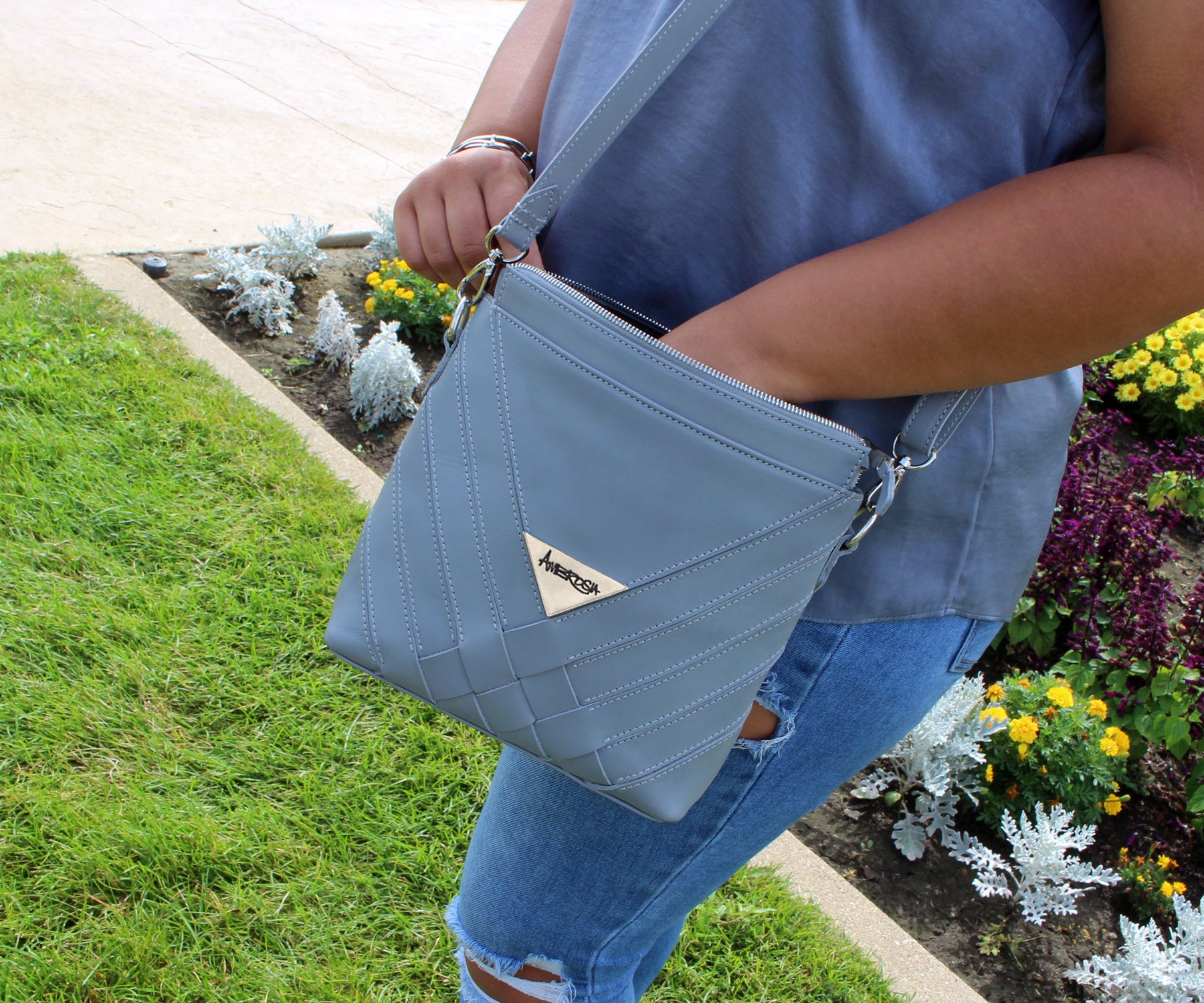 Criss-Cross Genuine Leather Galloper Gray Small Handbag