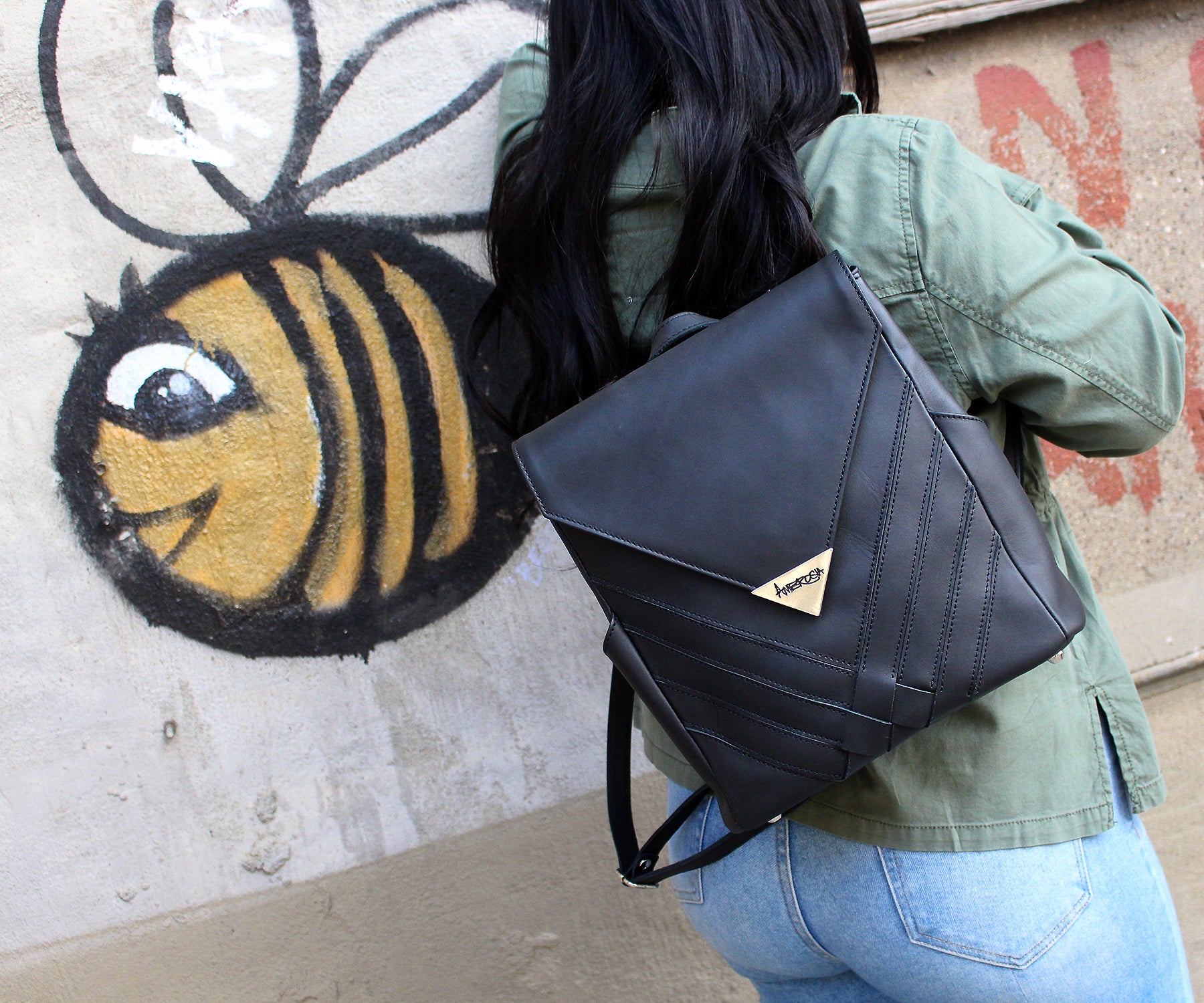 Criss-Cross Genuine Leather Matte Black Backpack