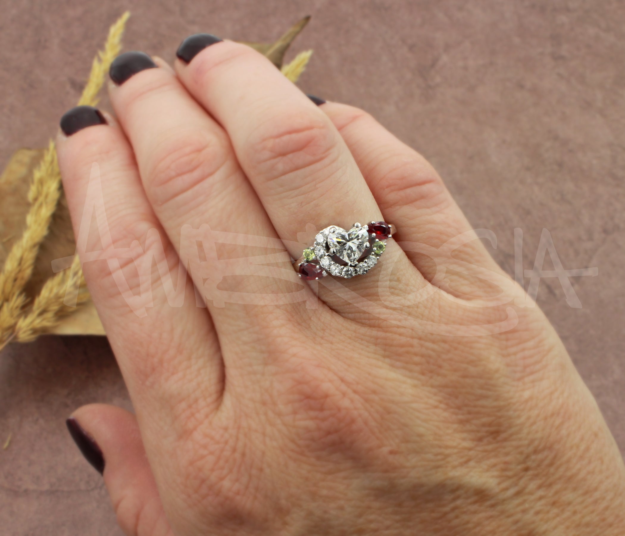 Heart Diamond Ruby Peridot Family Swirl Ring Redesigned