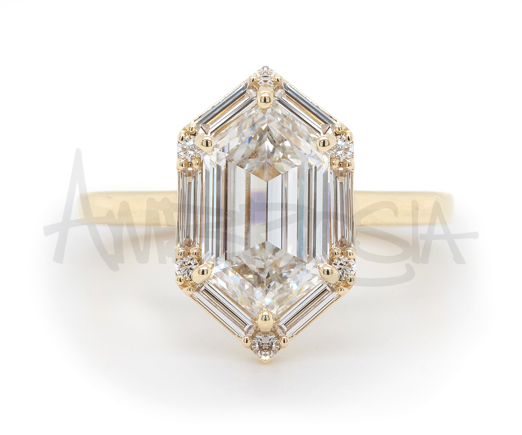 Hexagon Halo Baguette Diamond Engagement Ring