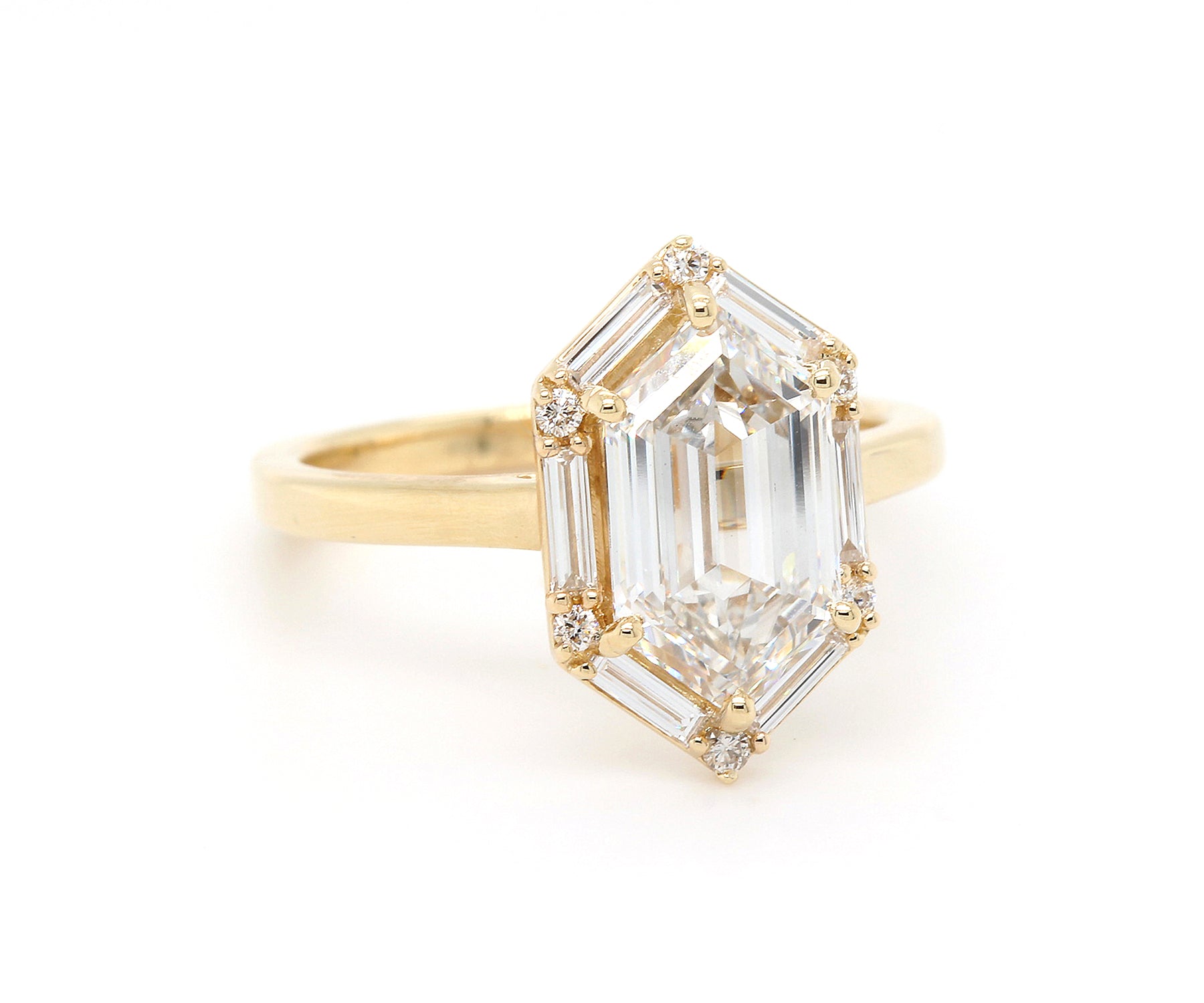 Hexagon Halo Baguette Diamond Engagement Ring