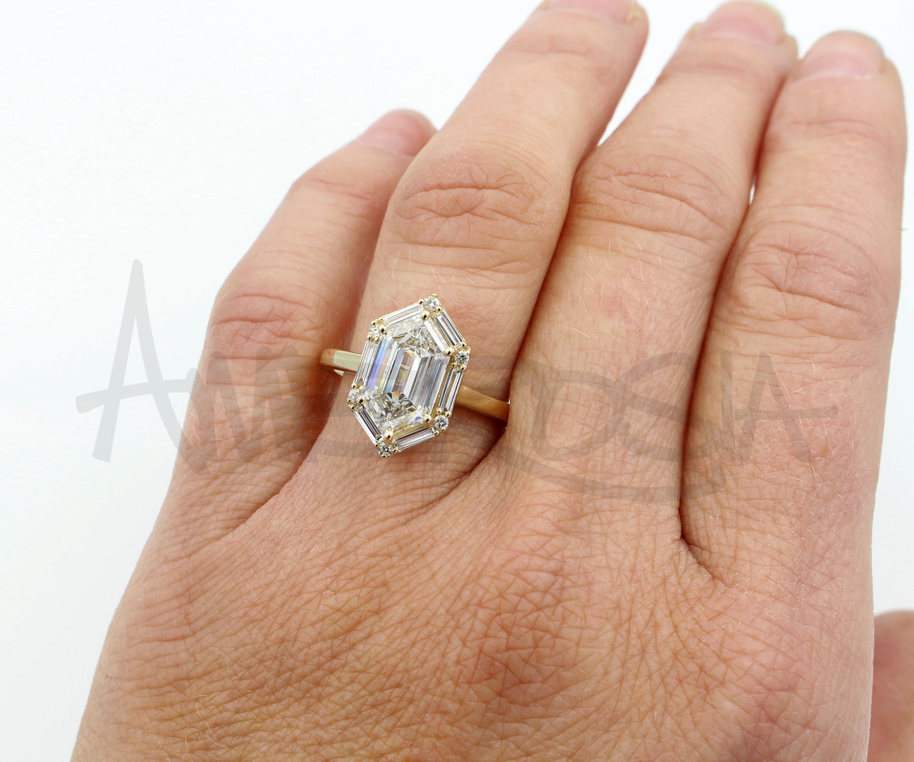 Hexagon Halo Baguette Diamond Engagement Ring