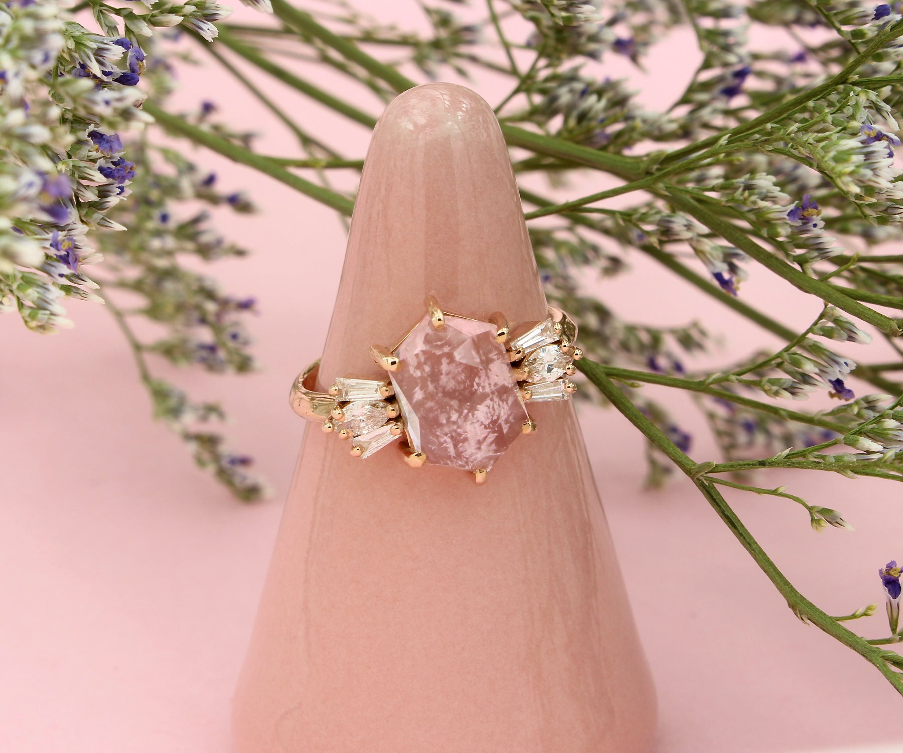 Geometric Morganite Diamond Art Deco Rose Gold Ring