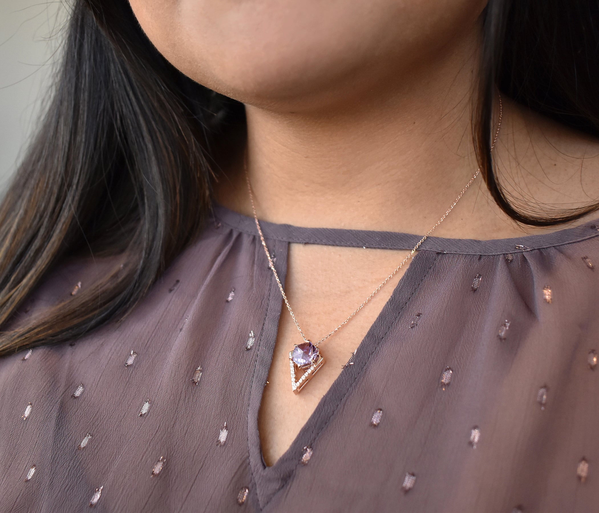 Hexagon Amethyst Diamond Rose Gold Necklace