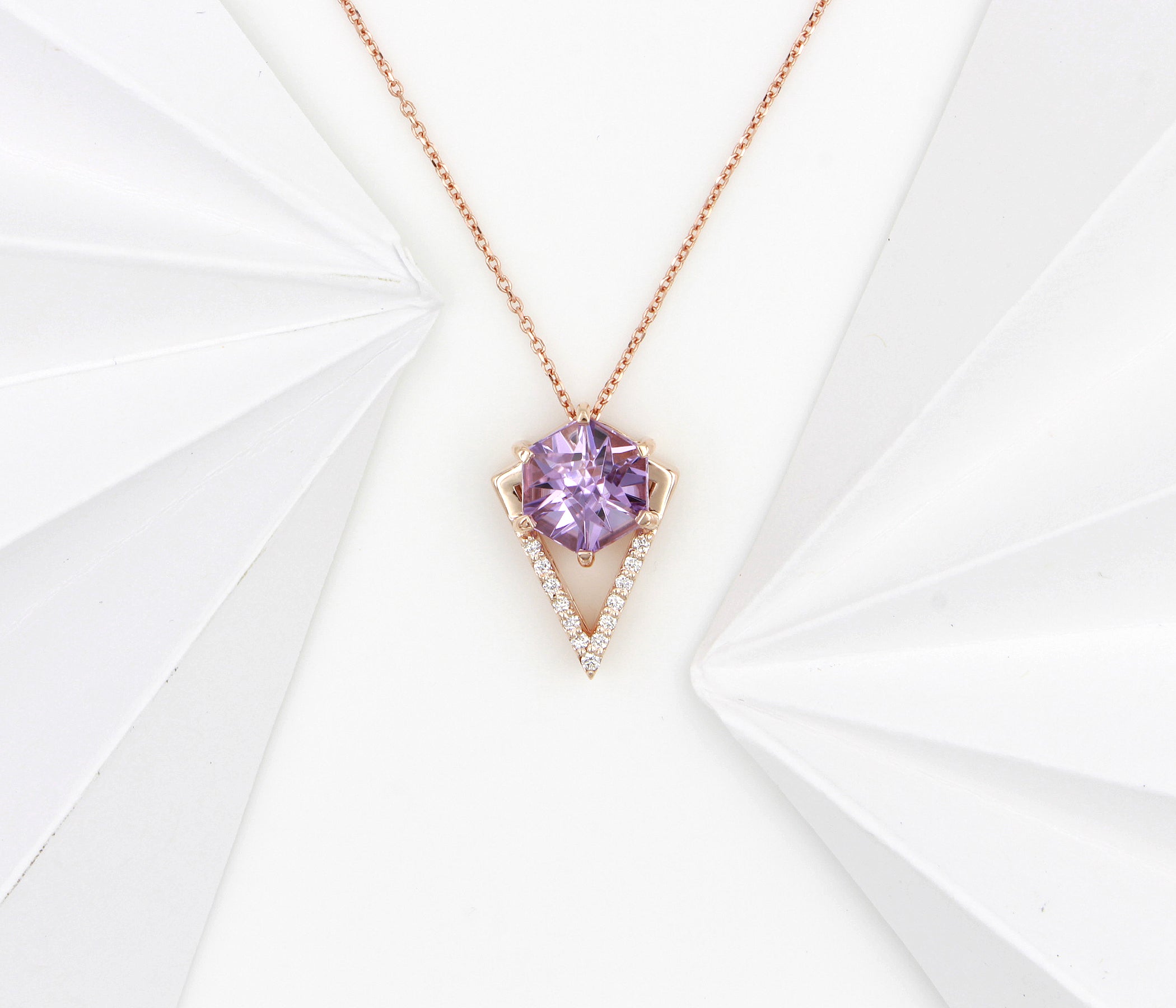 Hexagon Amethyst Diamond Rose Gold Necklace