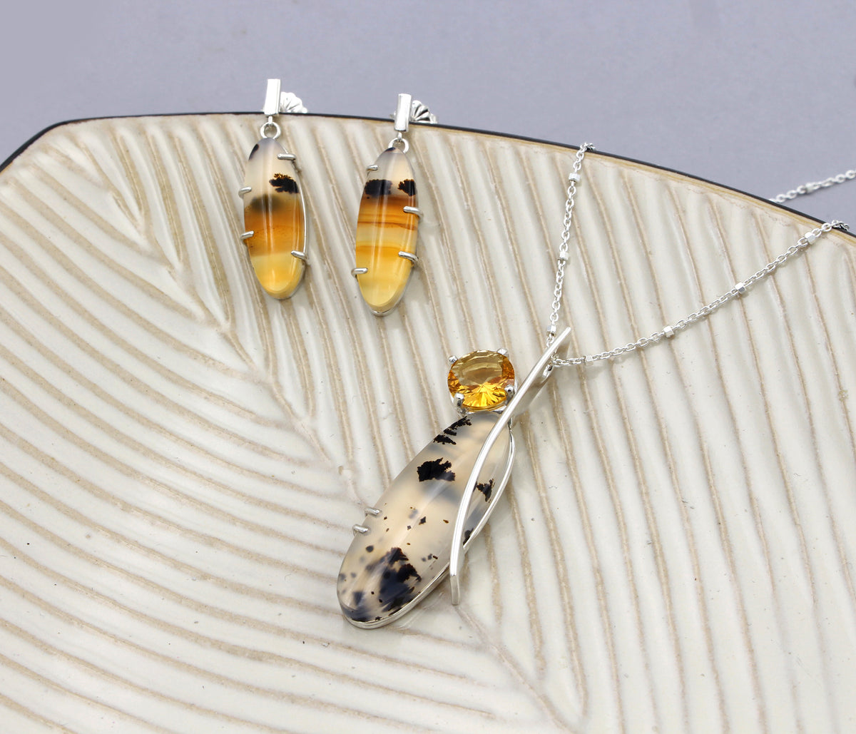 Montana Agate Oval Asymmetrical Citrine Necklace and Matching Earrings