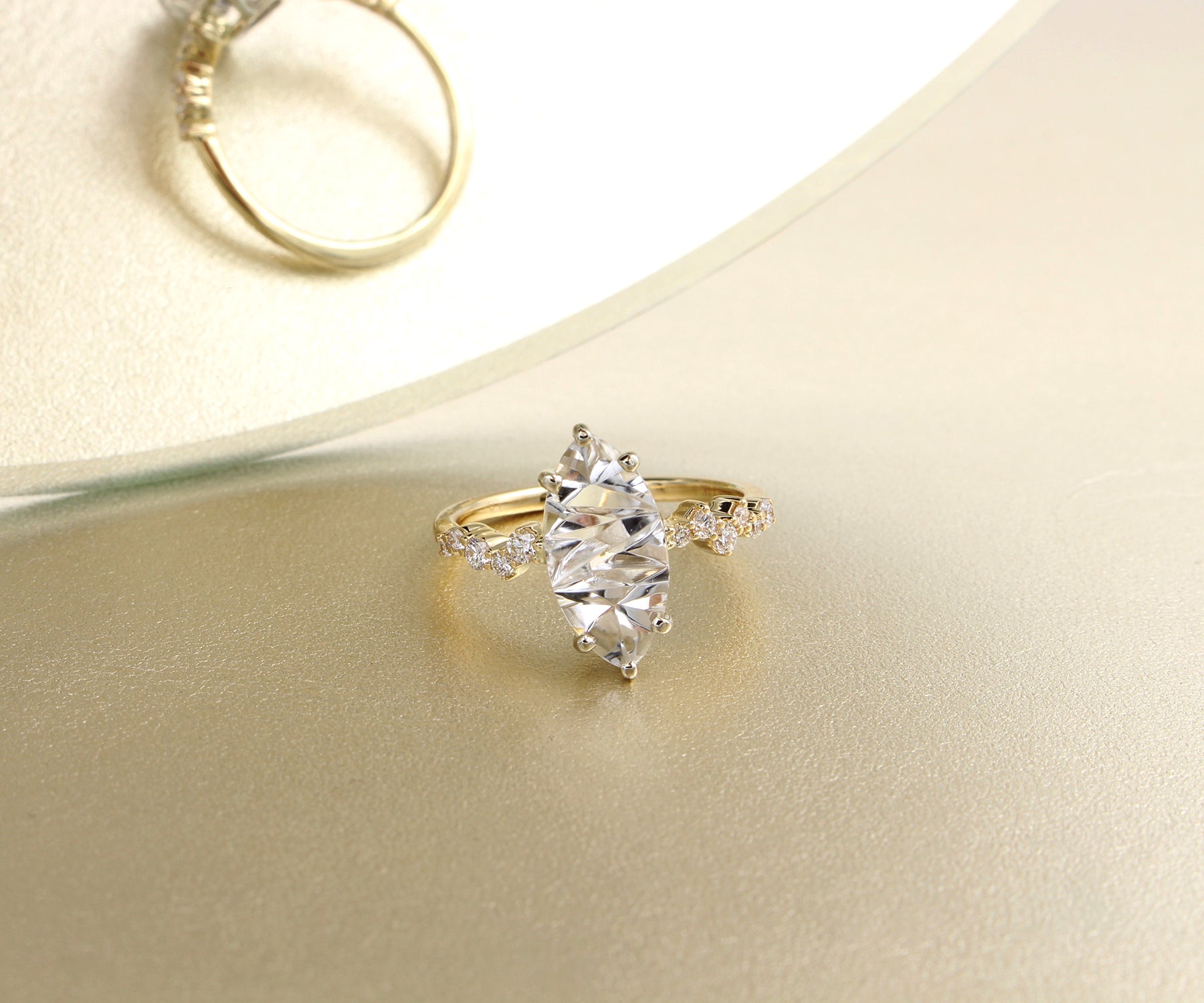 Stunning Topaz Marquise Staggered Diamond Gold Ring