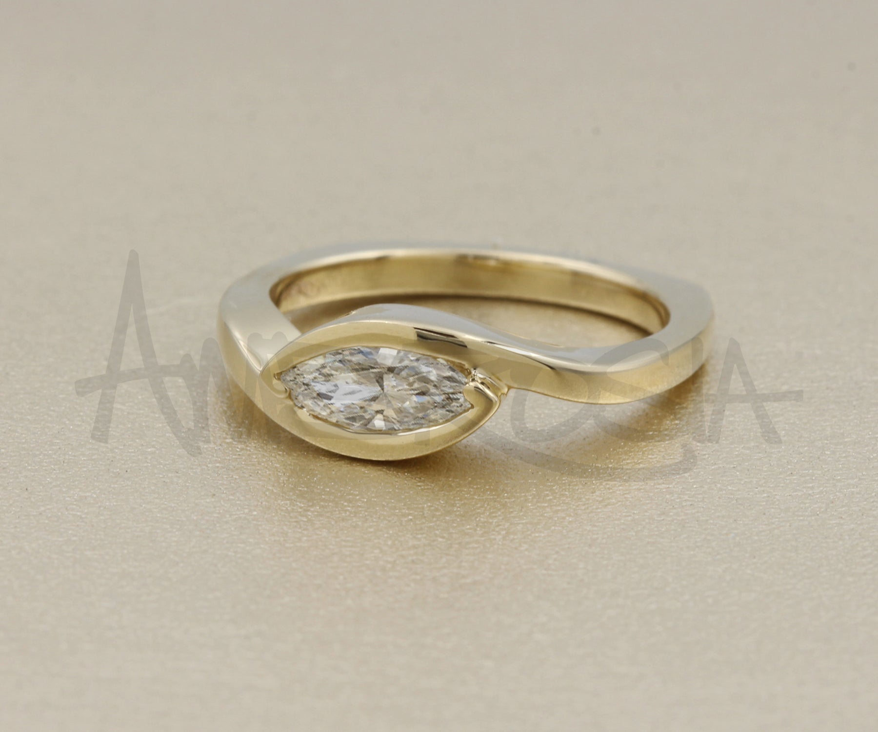 Contemporary Bypass Marquise Sleek Diamond Gold Ring
