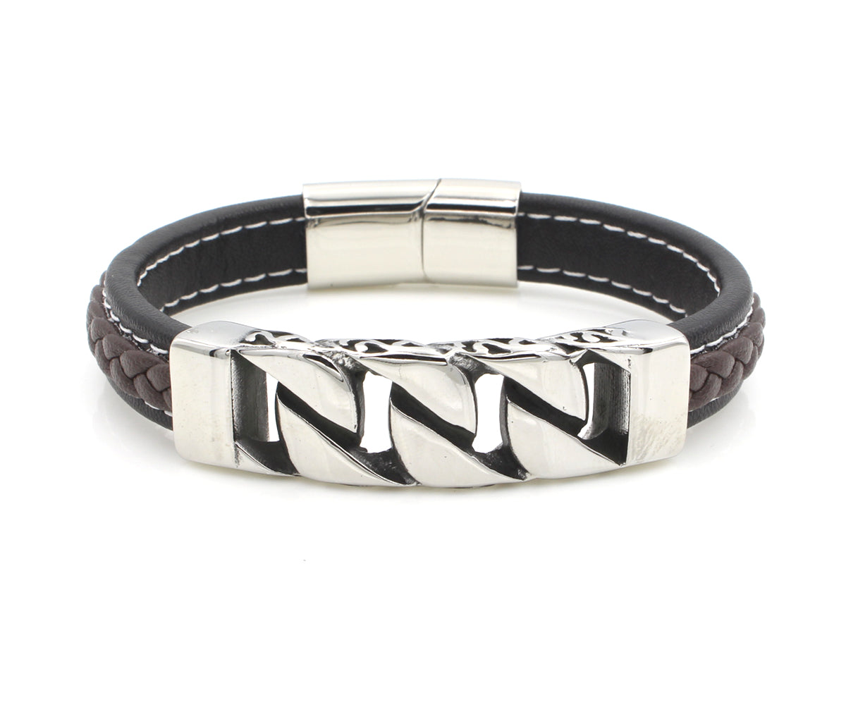 Stainless Steel Accent Braided Leather Bracelet