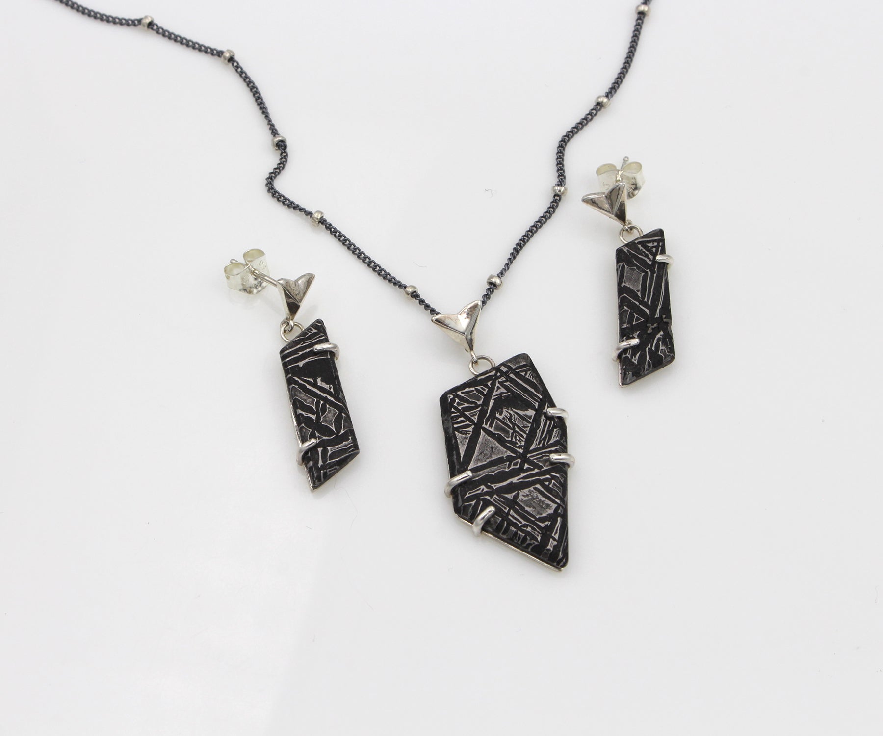 Angular Meteorite Necklace Matching Earrings