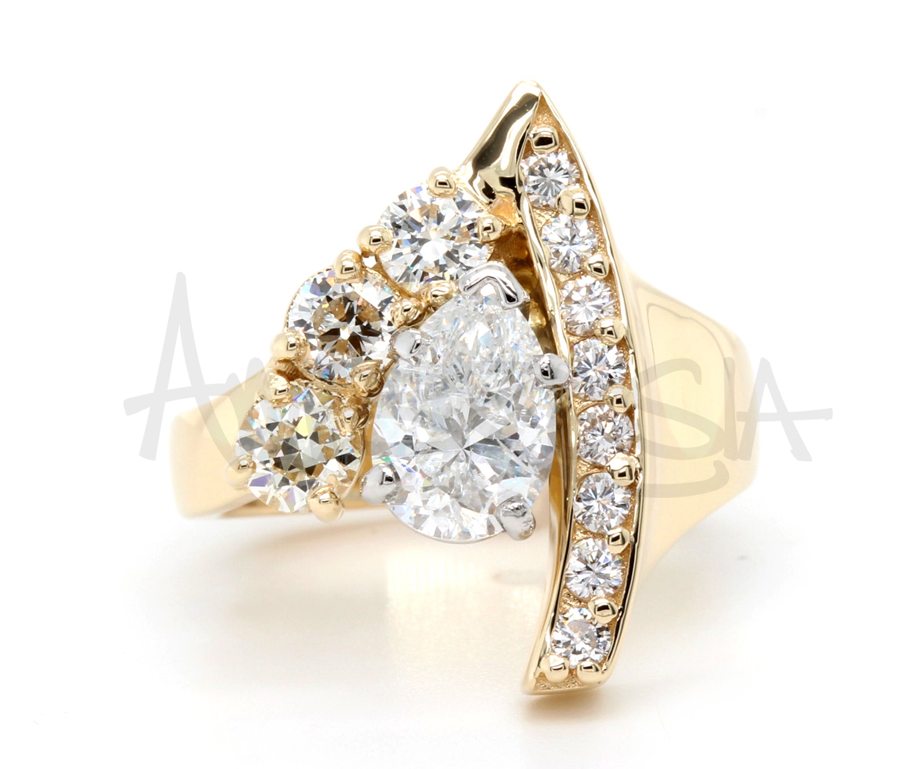 Modern Asymmetrical Pear Diamond Gold Ring