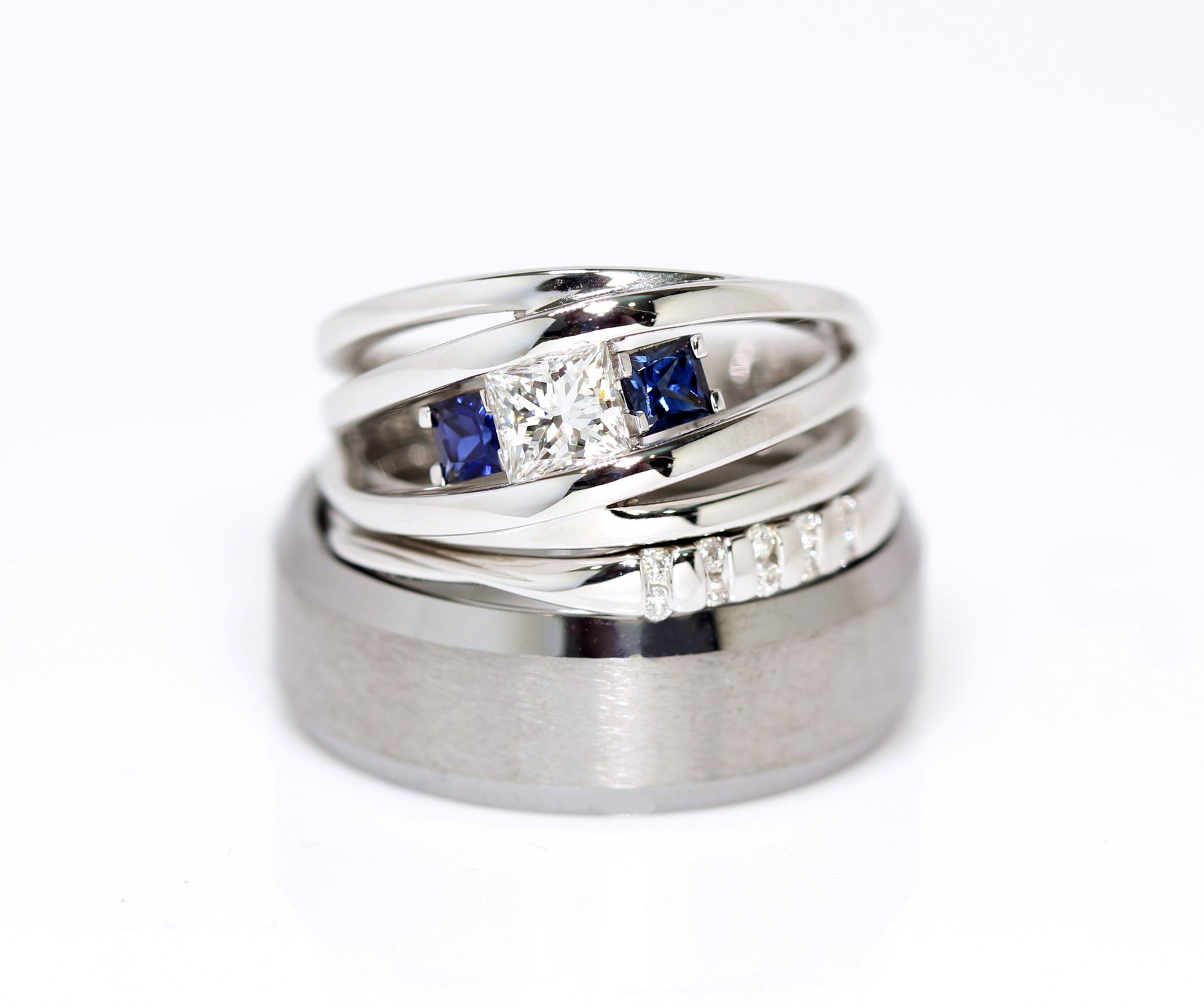 Modern Multi-row Weave Sapphire Diamond Wedding Ring