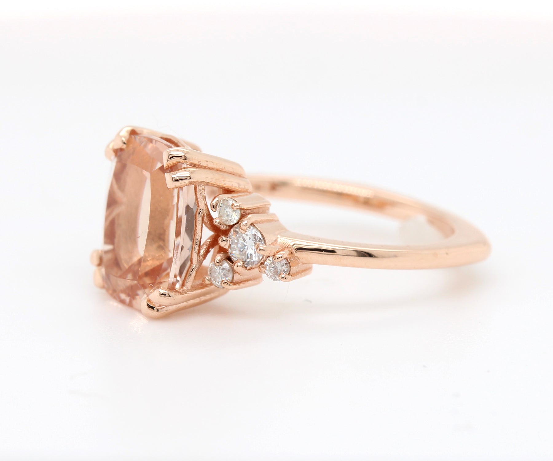 Romantic Asymmetrical Morganite Rose Gold Cluster Diamond Ring
