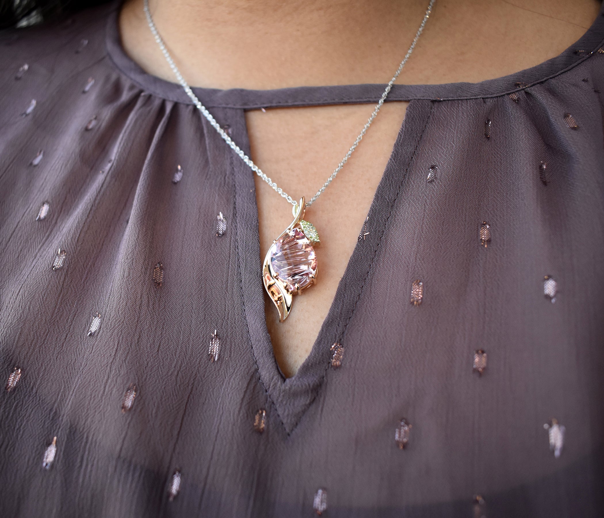 Romantic Morganite Green Diamond Leaf Rose Gold Necklace