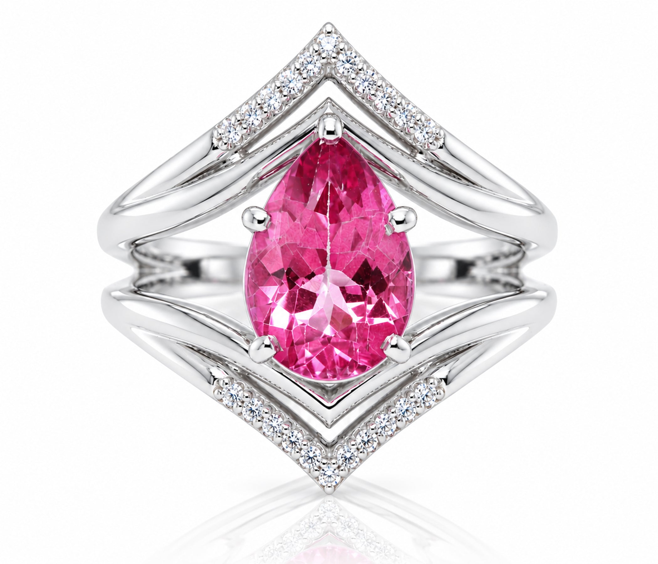 Pear Pink Topaz Double V-Shaped Diamond Ring