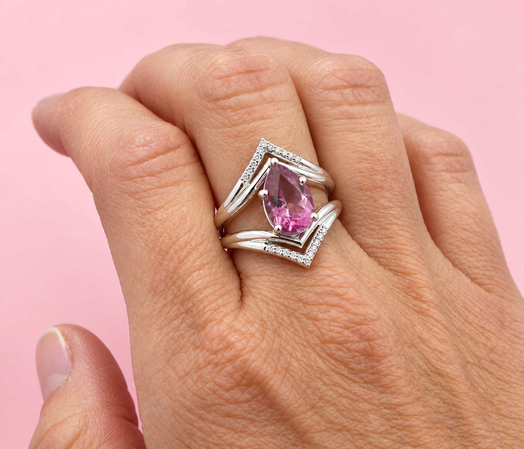 Pear Pink Topaz Double V-Shaped Diamond Ring