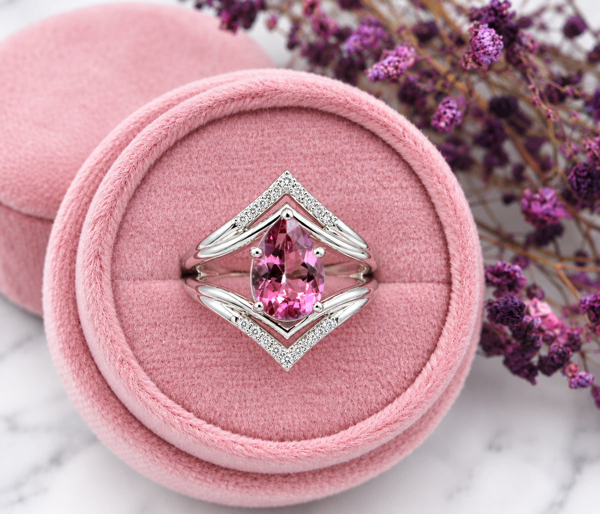 Pear Pink Topaz Double V-Shaped Diamond Ring