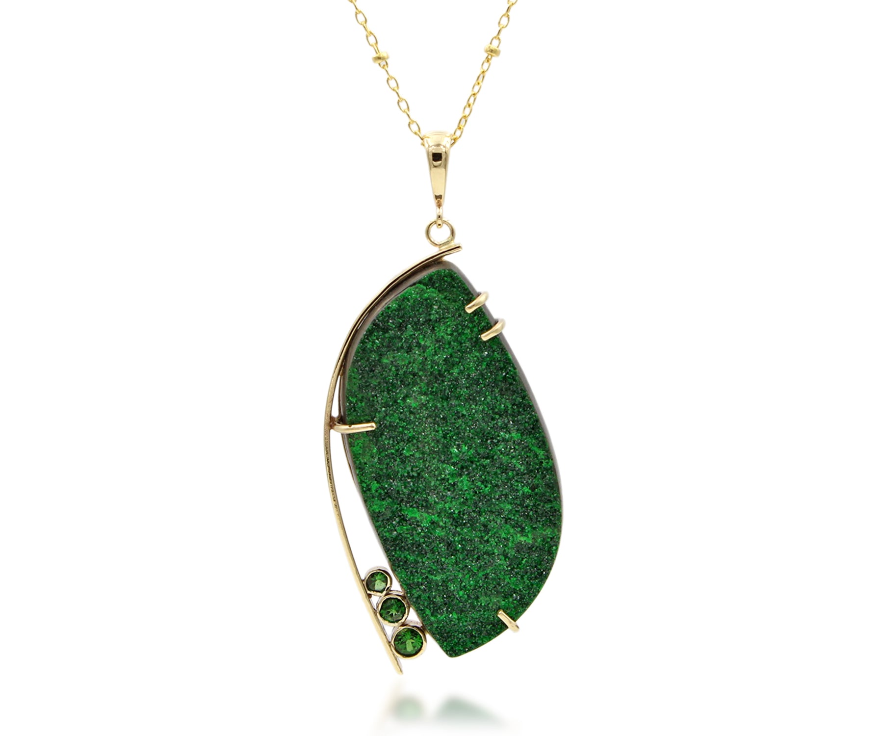 Natural Uvarovite Garnet Druzy Green Tourmaline Gold Necklace