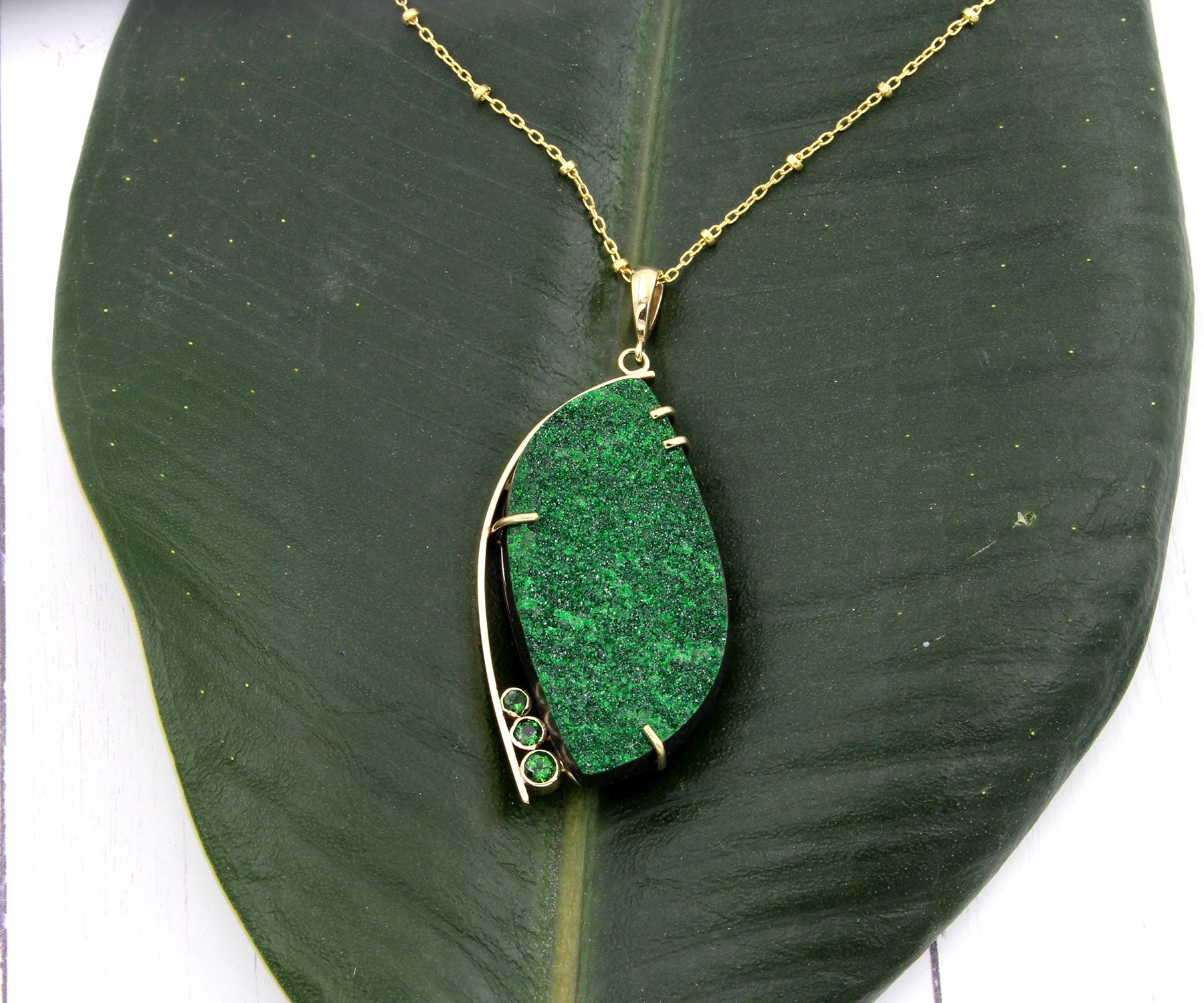 Natural Uvarovite Garnet Druzy Green Tourmaline Gold Necklace